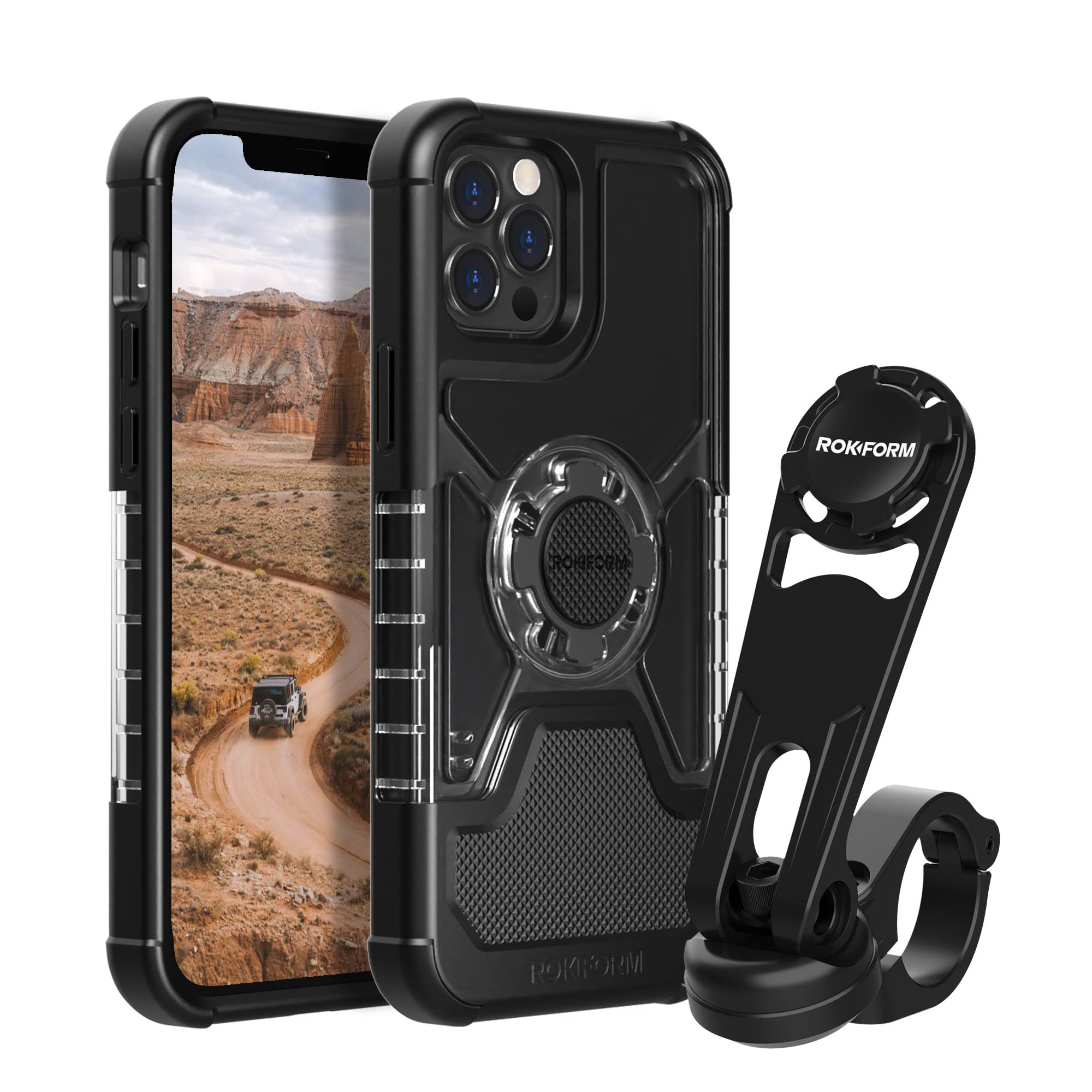 Rokform iPhone 12 Pro Max Crystal Case & Motorcycle Handlebar Mount - Durable Protection & Secure Riding Phone Holder for Adventure & Commuting