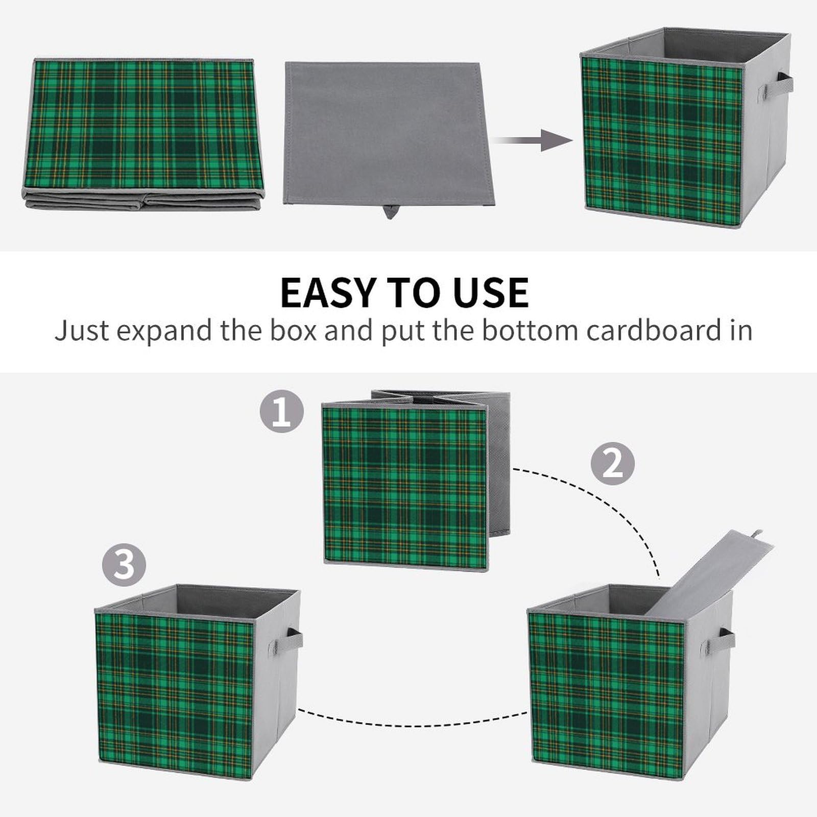 Green Scottish Tartan Plaid Fabric Storage Cubes - Pack of 2 Foldable Organizing Bins with Handles for Closet, Pantry, Shelf, Toy Storage & Home Organization | Perfect for Kids' Rooms, Dorm Rooms & Nursery Organization