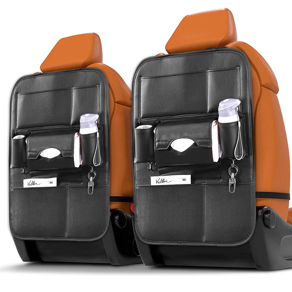Premium 2-Pack PU Leather Back Seat Organizer for Cars - Universal Fit Seat Protector with Kick Mats & Cup Holders | Travel Accessories for Road Trips, Family Outings & Daily Commute