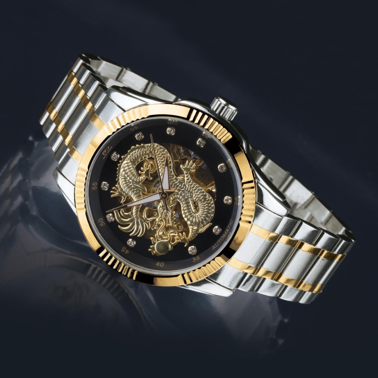 Premium Automatic Men's Watch with Golden Chinese Dragon Dial - Black Surround & Crystal Markers - Two-Tone Gold/Steel Finish - Luxury Dress Watch for Business & Formal Occasions