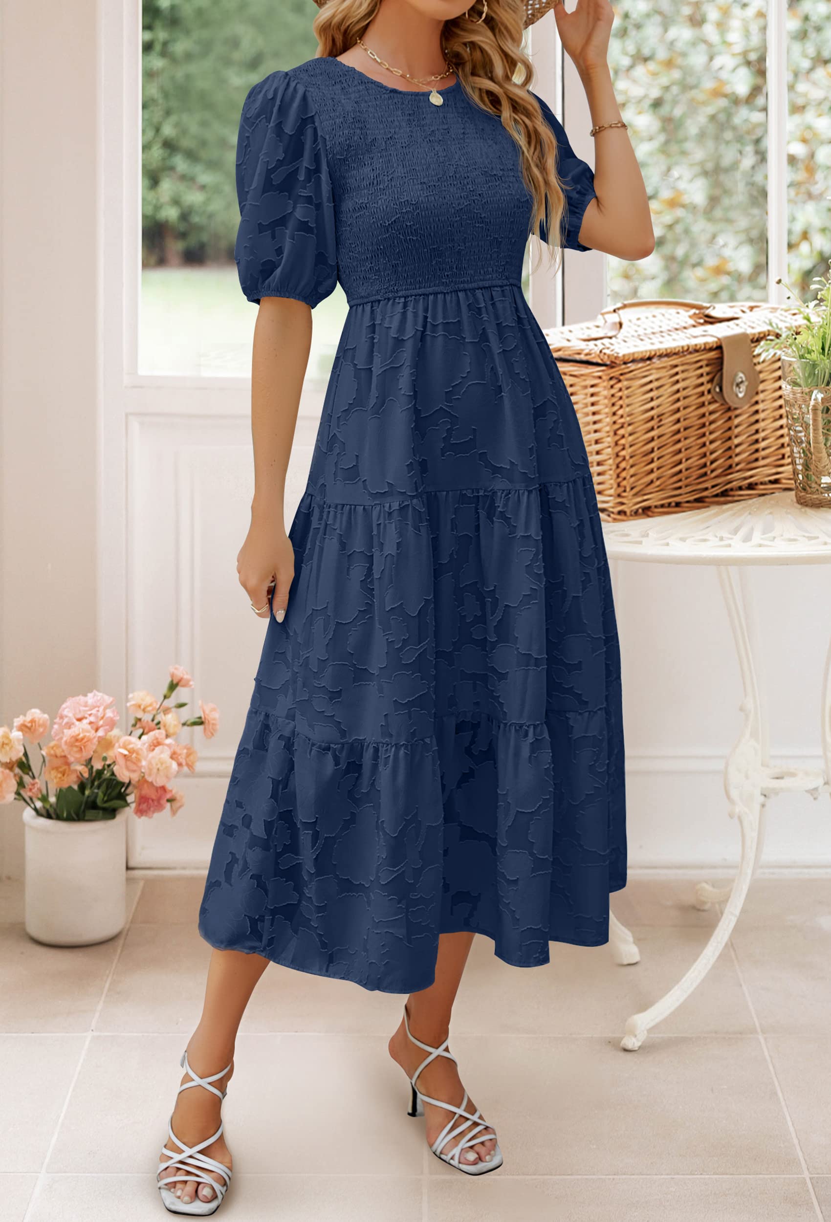 ZESICA Women's Summer 2025 Floral Lace Maxi Dress with Puff Sleeves & Smocked Waist - A-Line Tiered Flowy Dress for Beach, Wedding & Casual Wear