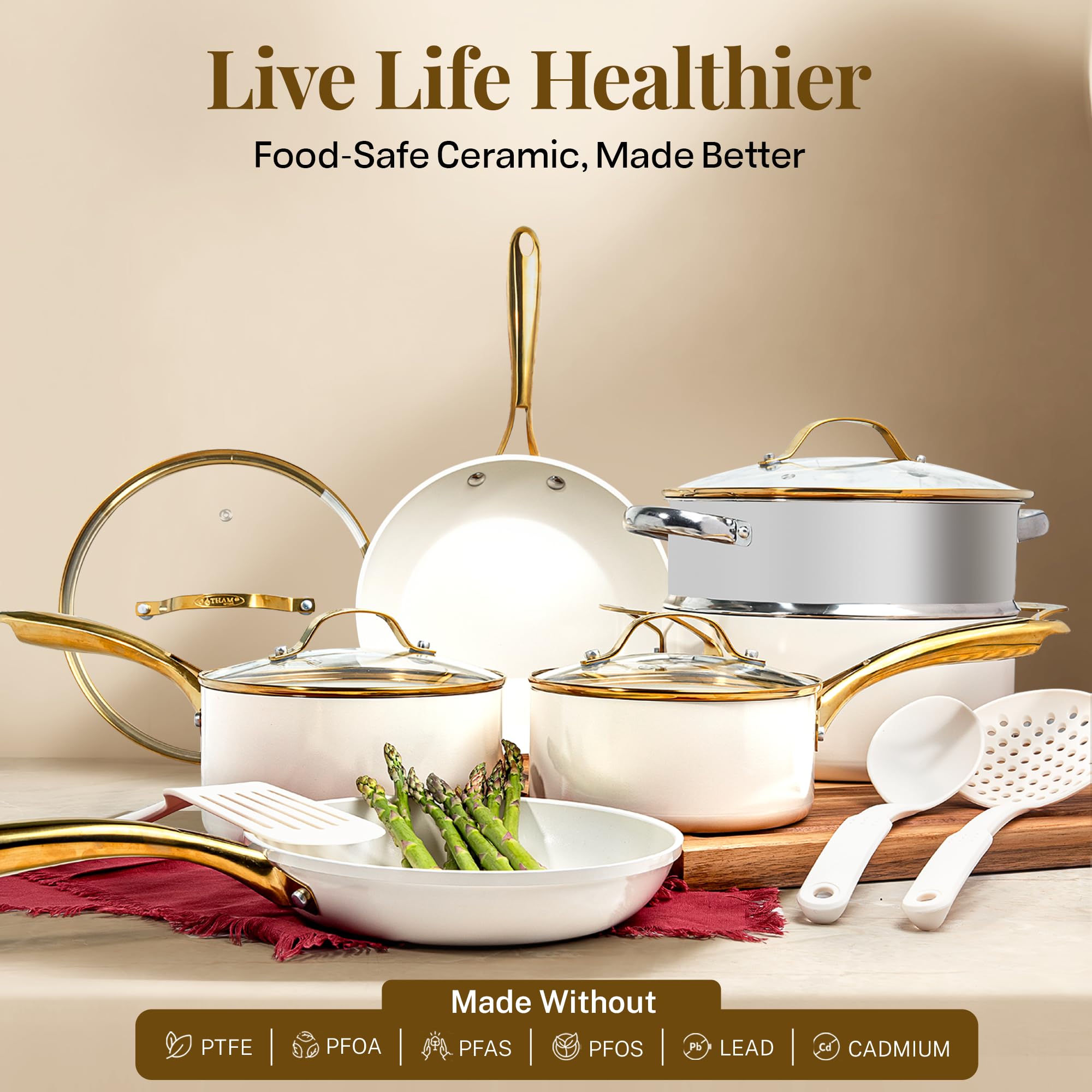 GOTHAM STEEL 15-Piece Ceramic Nonstick Cookware Set - Pots & Pans Set with Frying Pan, Sauce Pan for Healthy Cooking | Oven & Dishwasher Safe | Perfect for Home Kitchen, Family Meals & Professional Chefs