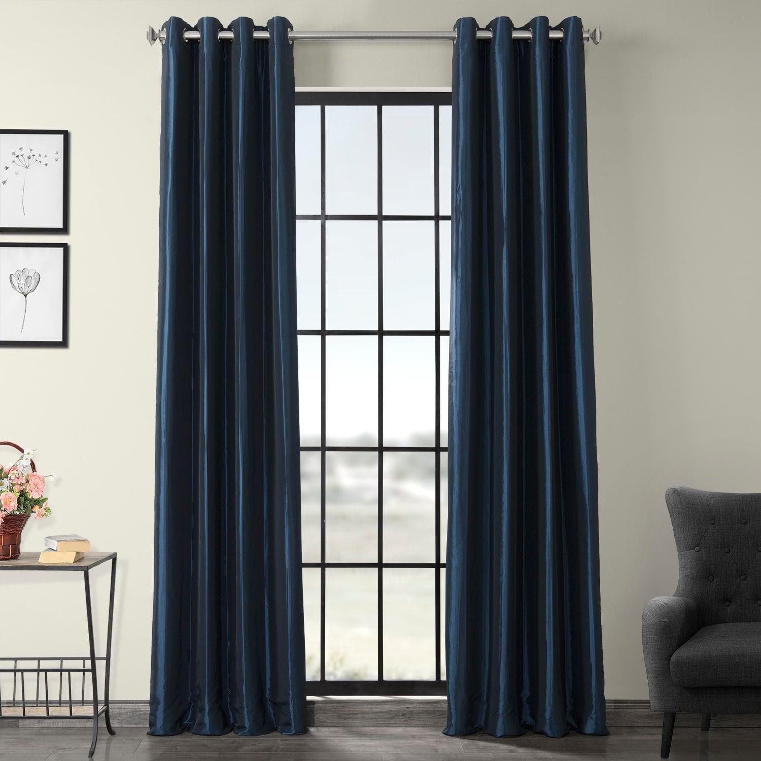 Navy Blue Grommet Faux Silk Taffeta Blackout Curtains for Bedroom & Living Room - Light Blocking, Noise Reducing Window Drapes for Home Decor
