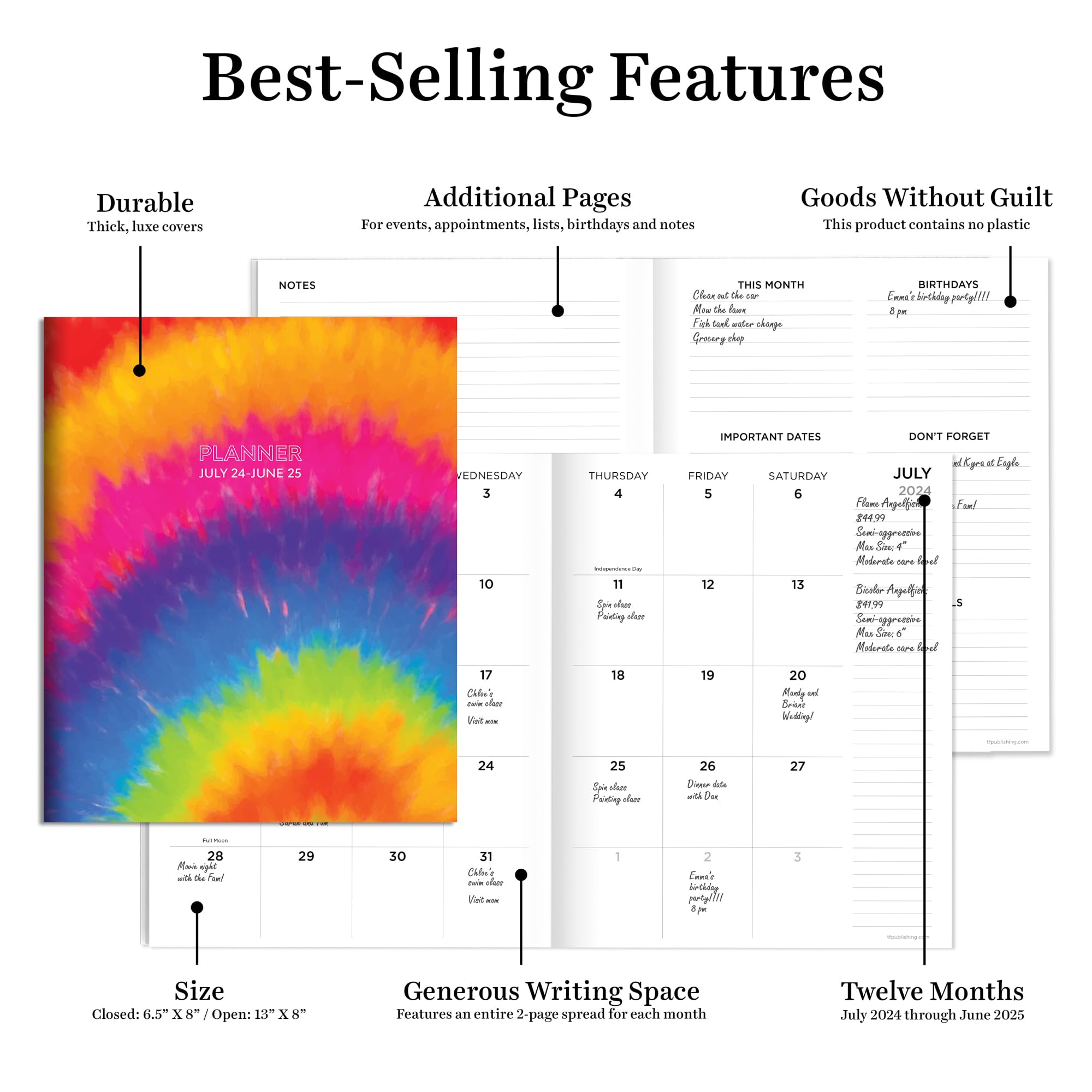 TF PUBLISHING Tie Dye Medium Monthly Planner 2024-2025 (July 2024 - June 2025) - 2 Page Spreads with Extra Large Calendar Grids & Planning Prompts - 6.5 x 8 Inch Academic Planner - Perfect for Students, Teachers & Office Organization