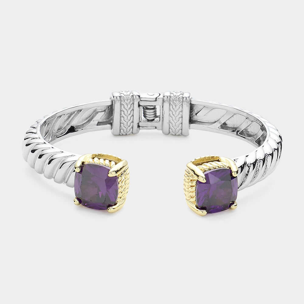 Stylish Amethyst & CZ Square Tip Two-Tone Twisted Metal Hinged Cuff Bracelet for Women | Elegant Jewelry Gift for Birthday, Anniversary & Special Occasions