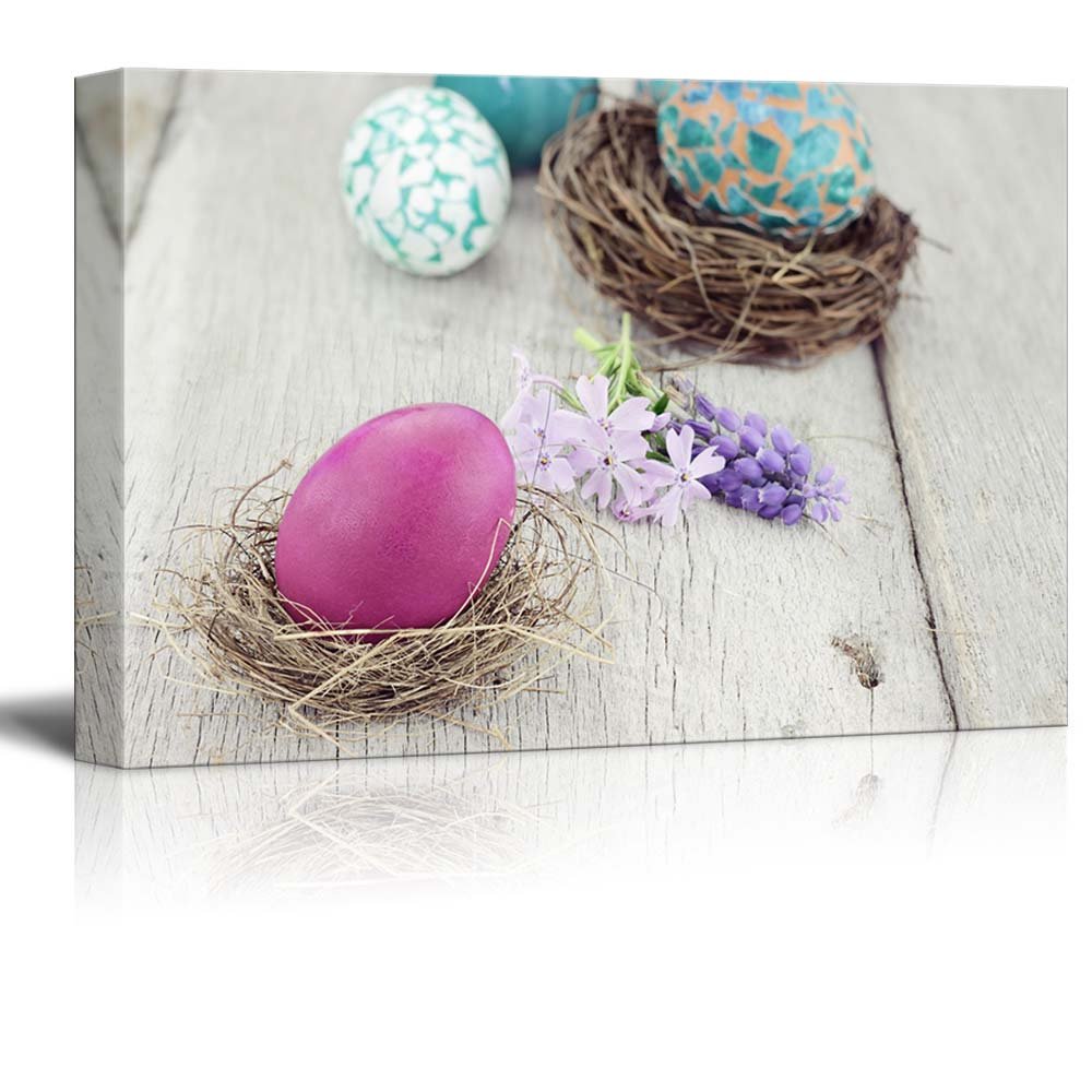 Easter Egg Canvas Print - Spring Nest with Flowers Wall Art | Modern Home Decor Stretched Gallery Wrap Giclee Ready to Hang - 32x48 inches - Perfect for Living Room, Bedroom & Office Decor