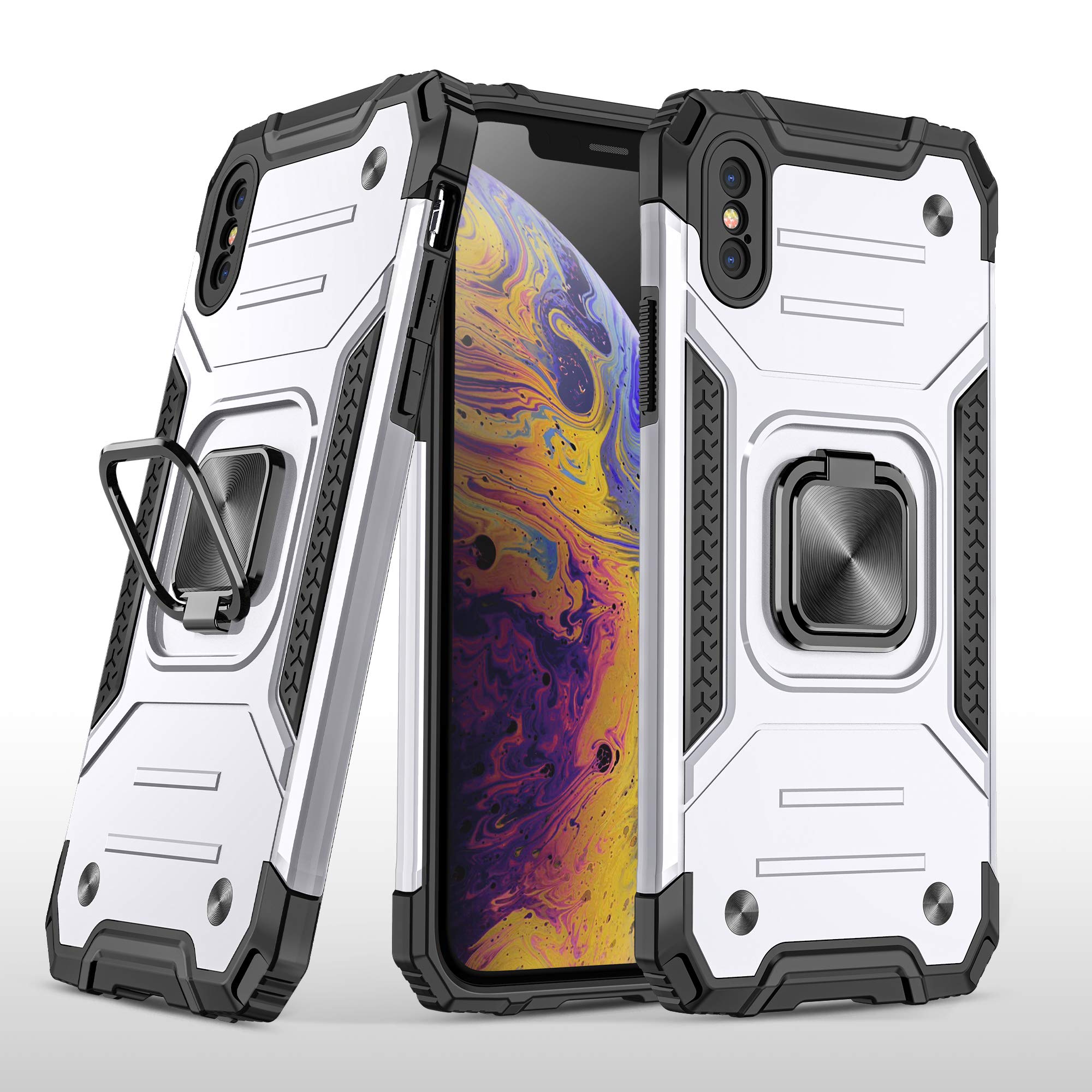 Reejax Rugged Armor Shockproof iPhone X/Xs Case with Magnetic Ring Kickstand - Heavy Duty Protective Cover for Apple iPhone X & iPhone Xs (Silver) - Perfect for Outdoor Activities, Travel & Daily Protection