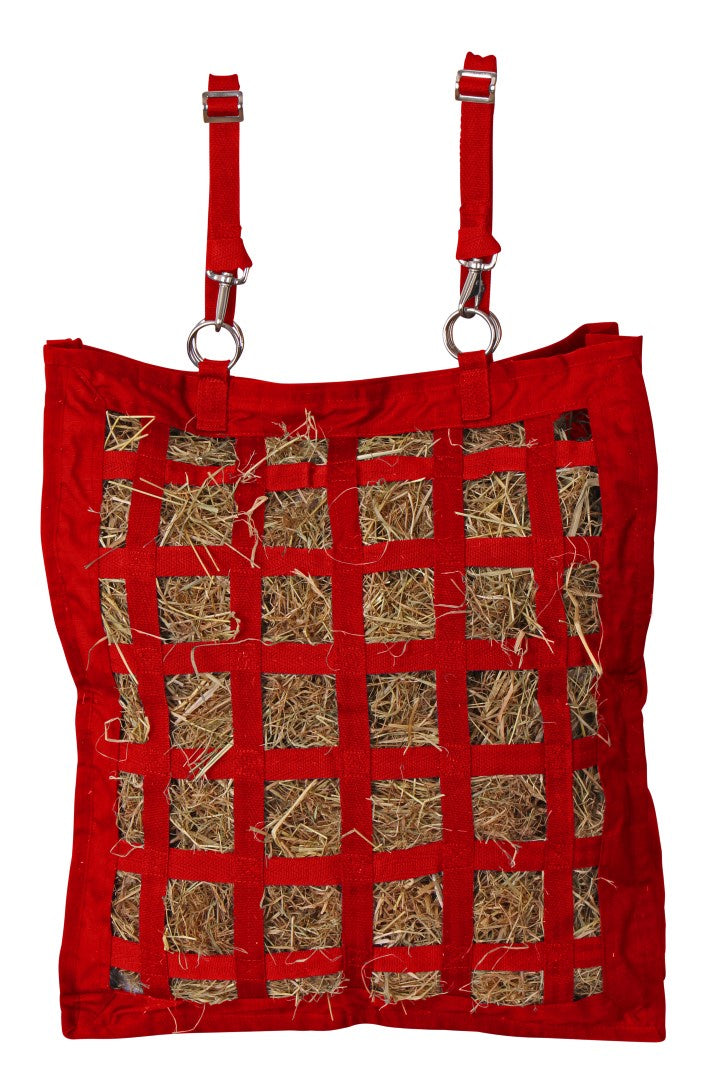 600D Heavy Duty Blue Tag Lattice Hay Bag with Red Trim - Durable Horse Feed Net for Stall, Pasture & Trail Riding - Perfect for Equine, Livestock & Small Animals