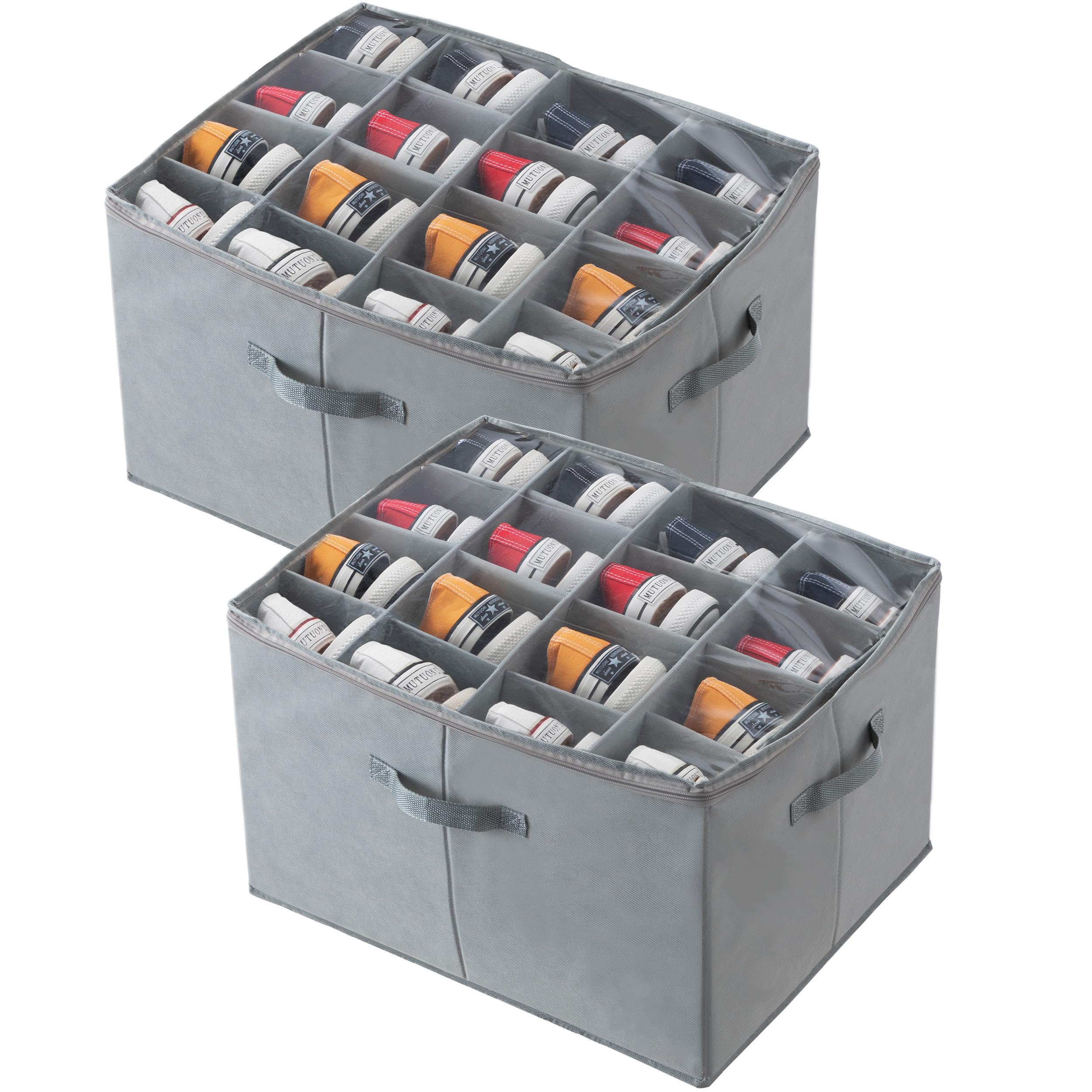 HBlife 2 Pack Large Foldable Shoe Storage Organizer Box with Clear Cover & Adjustable Dividers - Stackable Space Saving Shoe Bin for Closet - Holds Up to 16 Pairs (Grey) - Perfect for Bedroom, Entryway & Dorm Organization