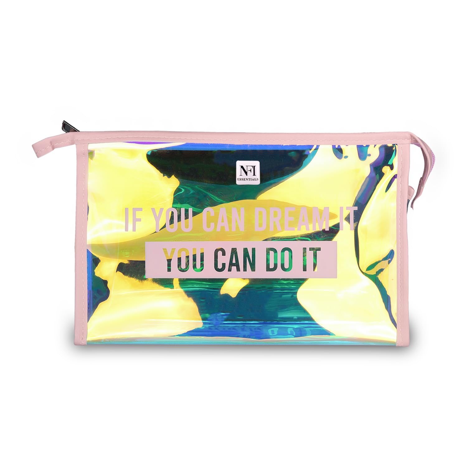 NFI Essentials Glossy Makeup Pouch for Women - Stylish Cosmetic Bag for Makeup Accessories Storage - Light Pink Makeup Organizer for Girls - Perfect for Travel, Home & Daily Use