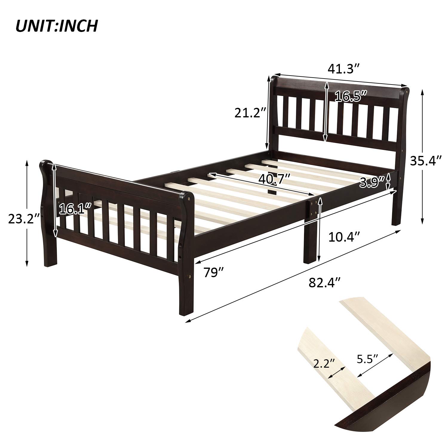 Harper & Bright Designs Modern Wood Twin Sleigh Bed for Kids - Sturdy Platform Bed Frame with Headboard & Footboard, Wood Slat Support (No Box Spring Needed) - Perfect for Kids' Bedrooms, Guest Rooms & Small Spaces