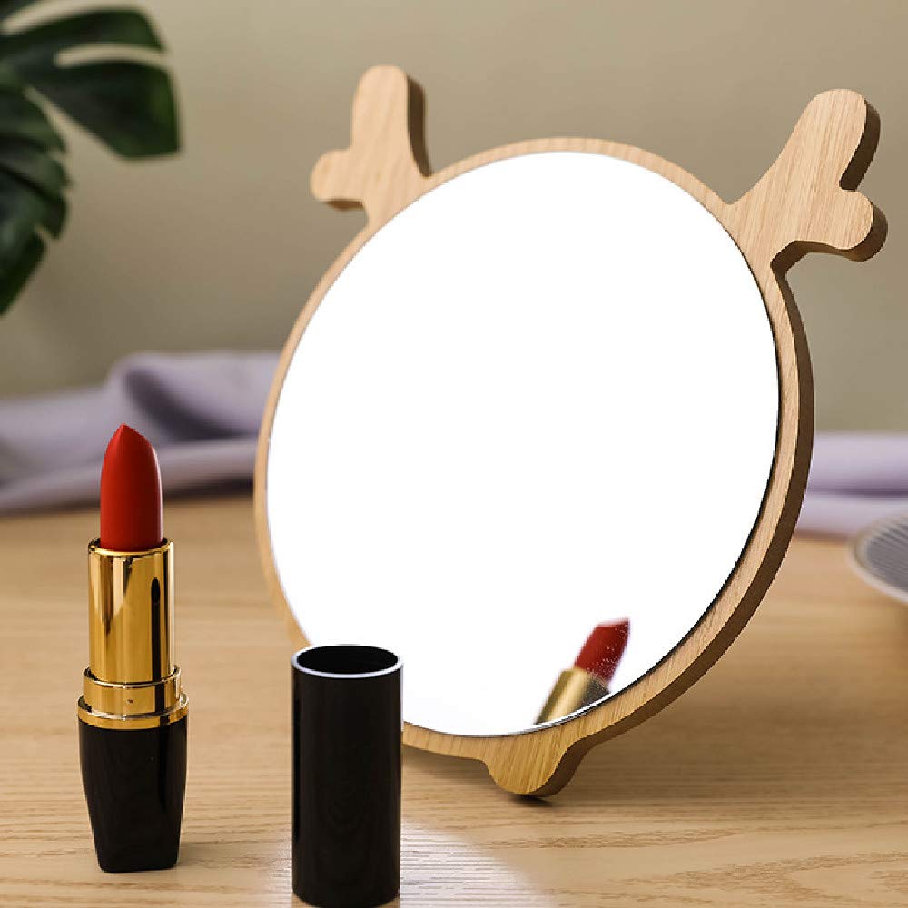 Aestivate Round Compact Desk Mirror with Deer Ear Design - Wood Framed Vanity Mirror for Women & Girls - Perfect for Makeup, Cosmetics, Bathroom, Shower & Travel (Deer) - Ideal for Home Decor, Dressing Table & Gift Giving