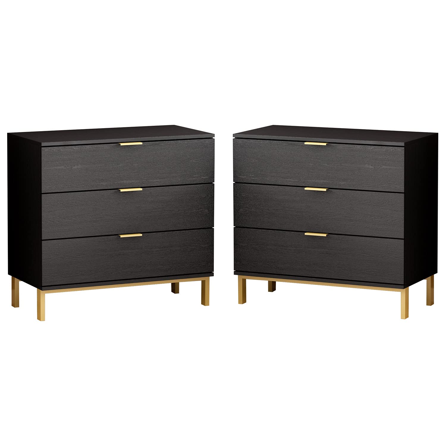 DiDuGo Modern Black and Gold Nightstands Set of 2 - 3 Drawer Bedside Tables with Gold Metal Legs for Bedroom, Living Room or Office (31.5”L x 15.7”W x 29.7”H) - Perfect for Storage, Decor and Small Space Organization