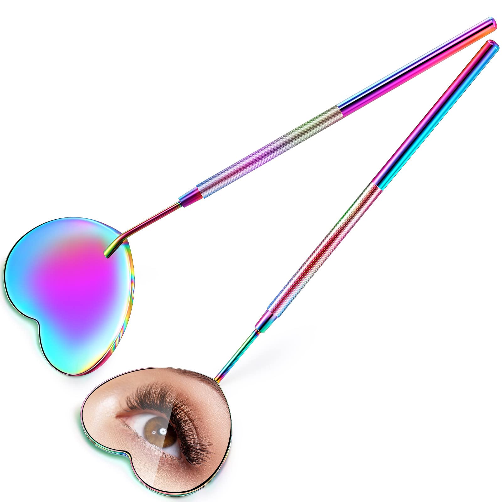 2-Piece Heart-Shaped Lash Extension Mirror Set - Stainless Steel Eyelash Extension Mirror with Rainbow Finish for Professional Makeup Artists & DIY Lash Enthusiasts - Perfect for Valentine's Day Gifts, Salon Use & Home Makeup Application