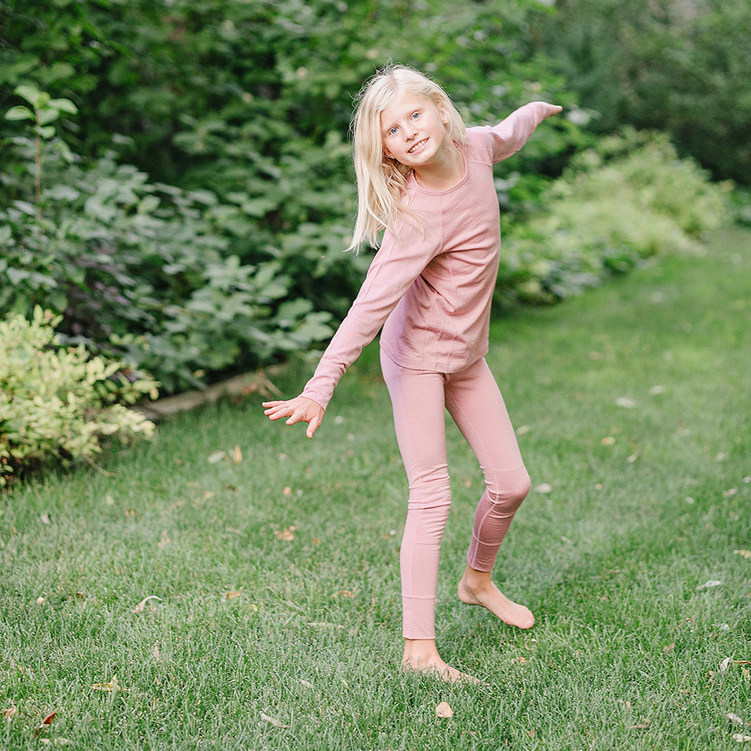 Kids Merino Wool Base Layer & Leggings - Soft Thermal Underwear Set for Girls, Blush Pink | Perfect for Winter, Skiing & Outdoor Activities