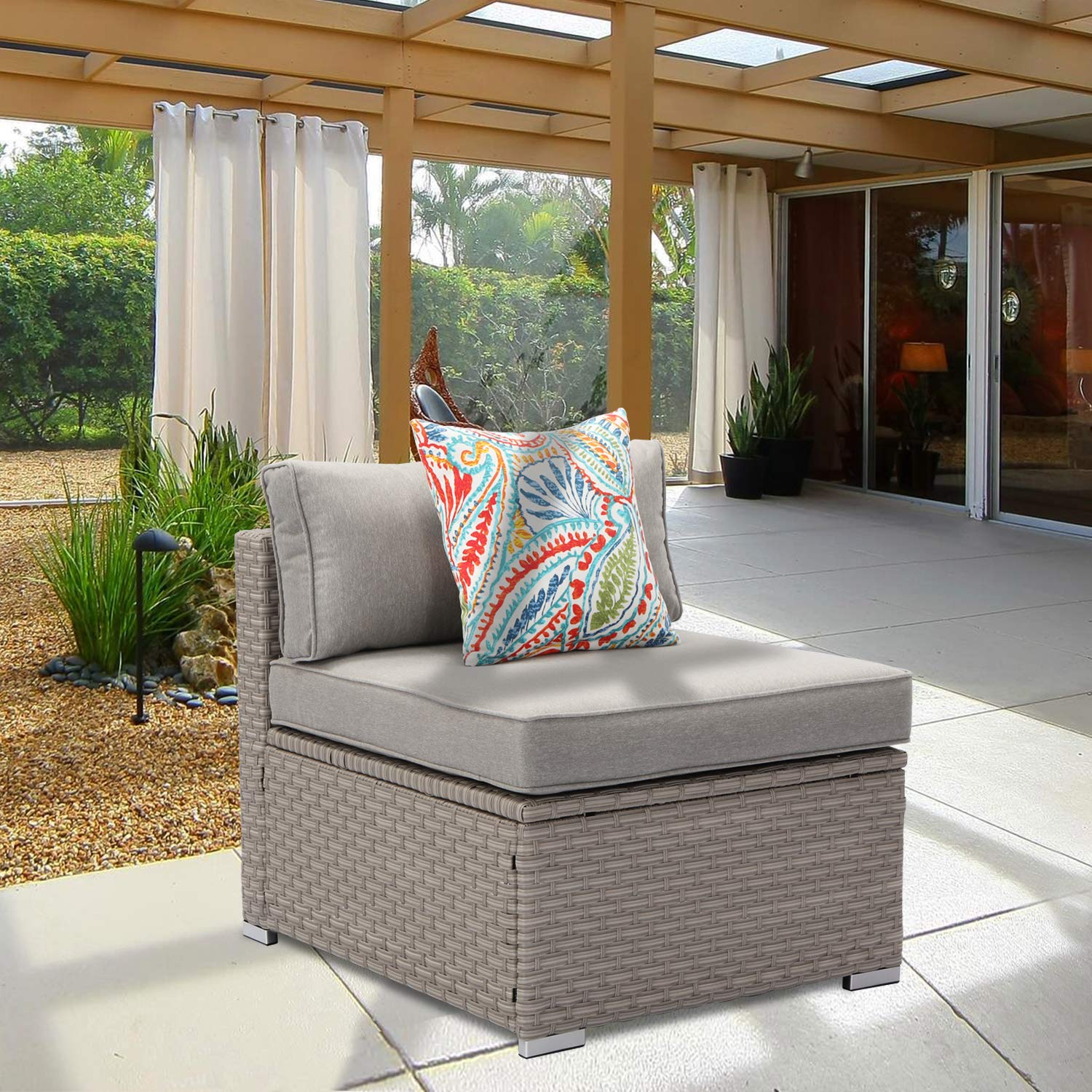 HOMPUS Outdoor Patio Furniture - Gray Wicker Armless Chair with Cushion & Pillow - Weather-Resistant Garden, Pool, Backyard Seating for Relaxation & Entertaining