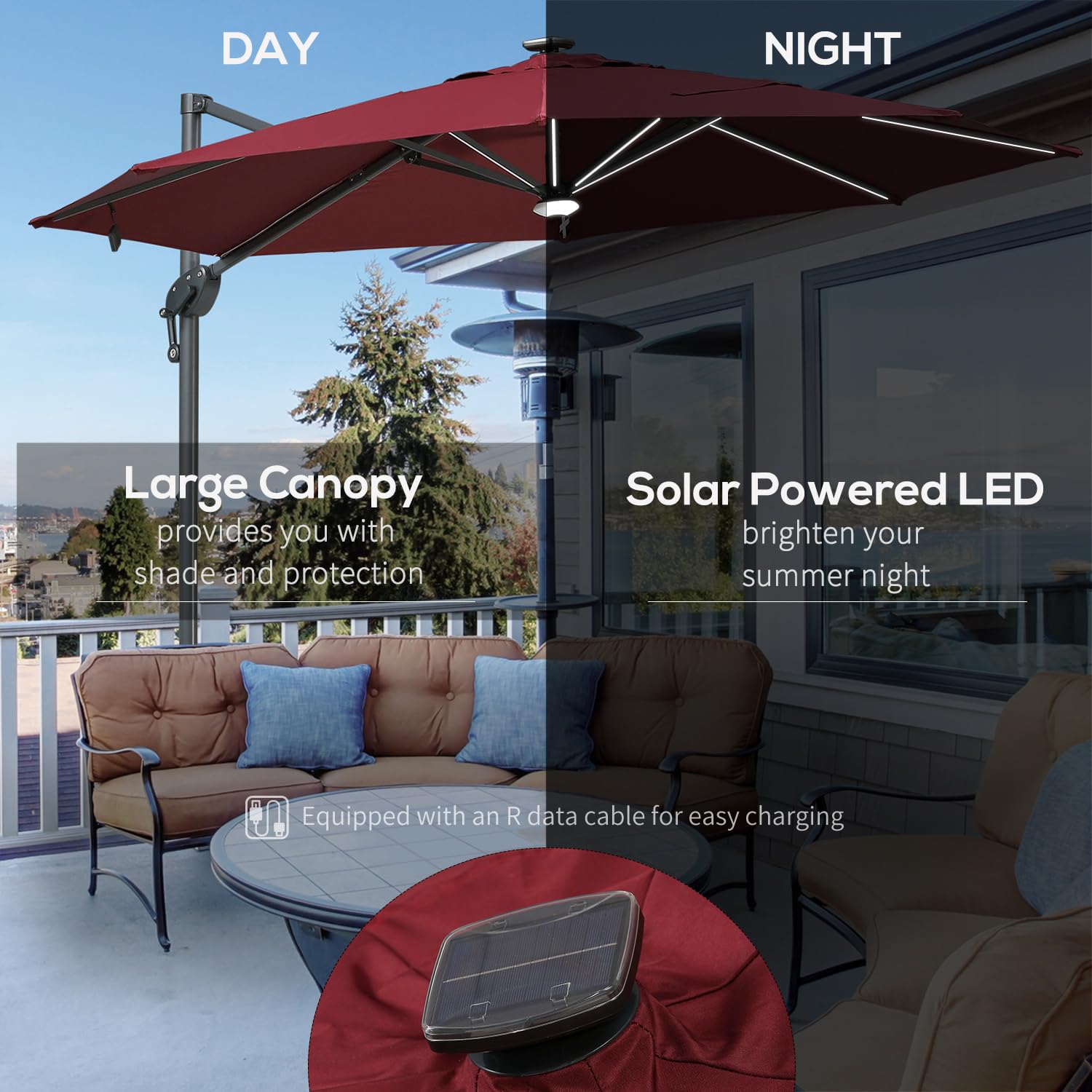 Outsunny 10ft Solar LED Cantilever Patio Umbrella - Aluminum Hanging Offset Outdoor Sun Shade with 360° Rotation, Built-in Lights, Adjustable Tilt & Crank, Heavy-Duty Cross Base - Perfect for Poolside, Backyard, Deck, and Garden Relaxation