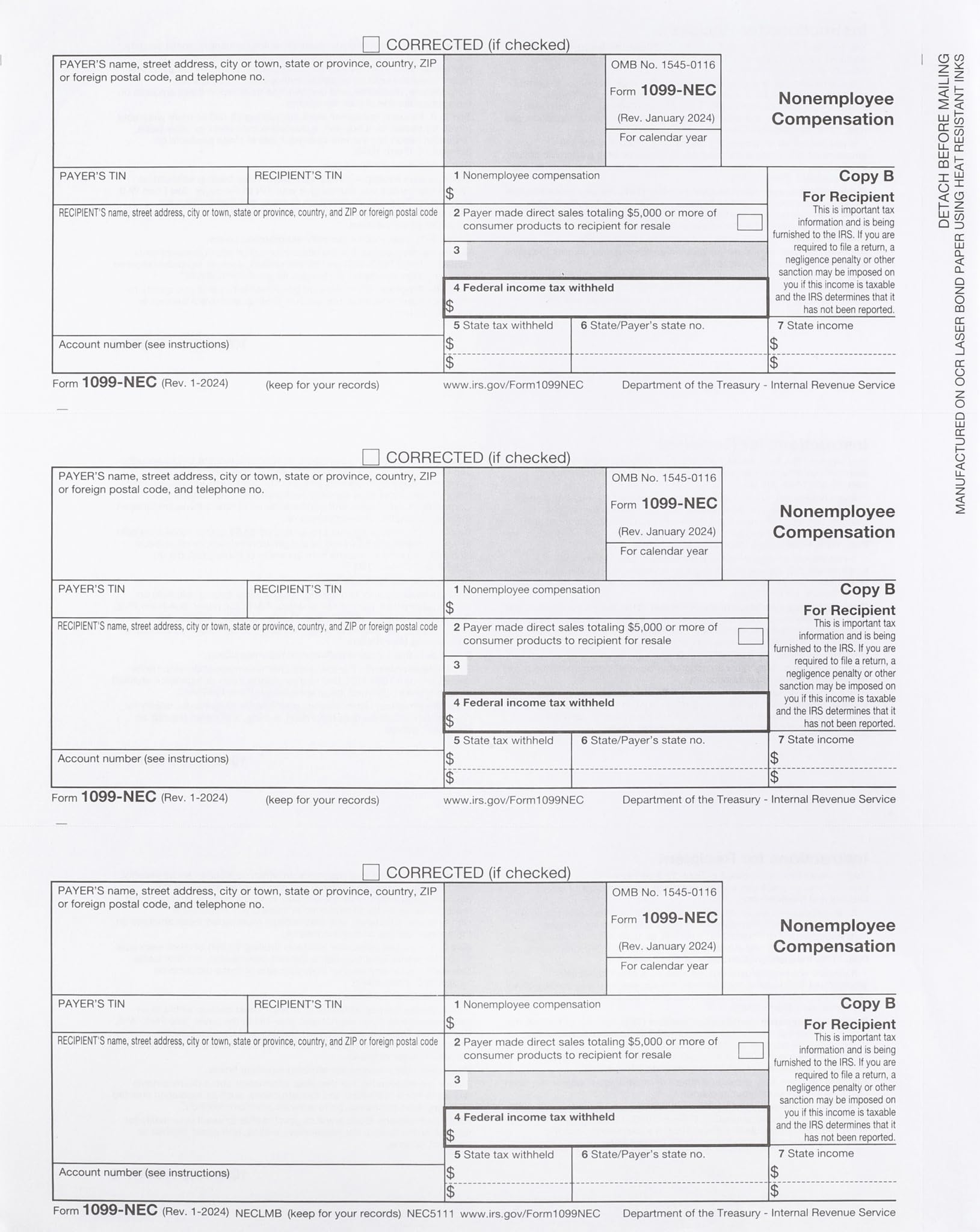 2024 1099 NEC Tax Forms - 100 Pack 3-Part Carbonless Tax Forms Kit | QuickBooks & Accounting Software Compatible | Perfect for Small Business Tax Filing & Contractor Payments