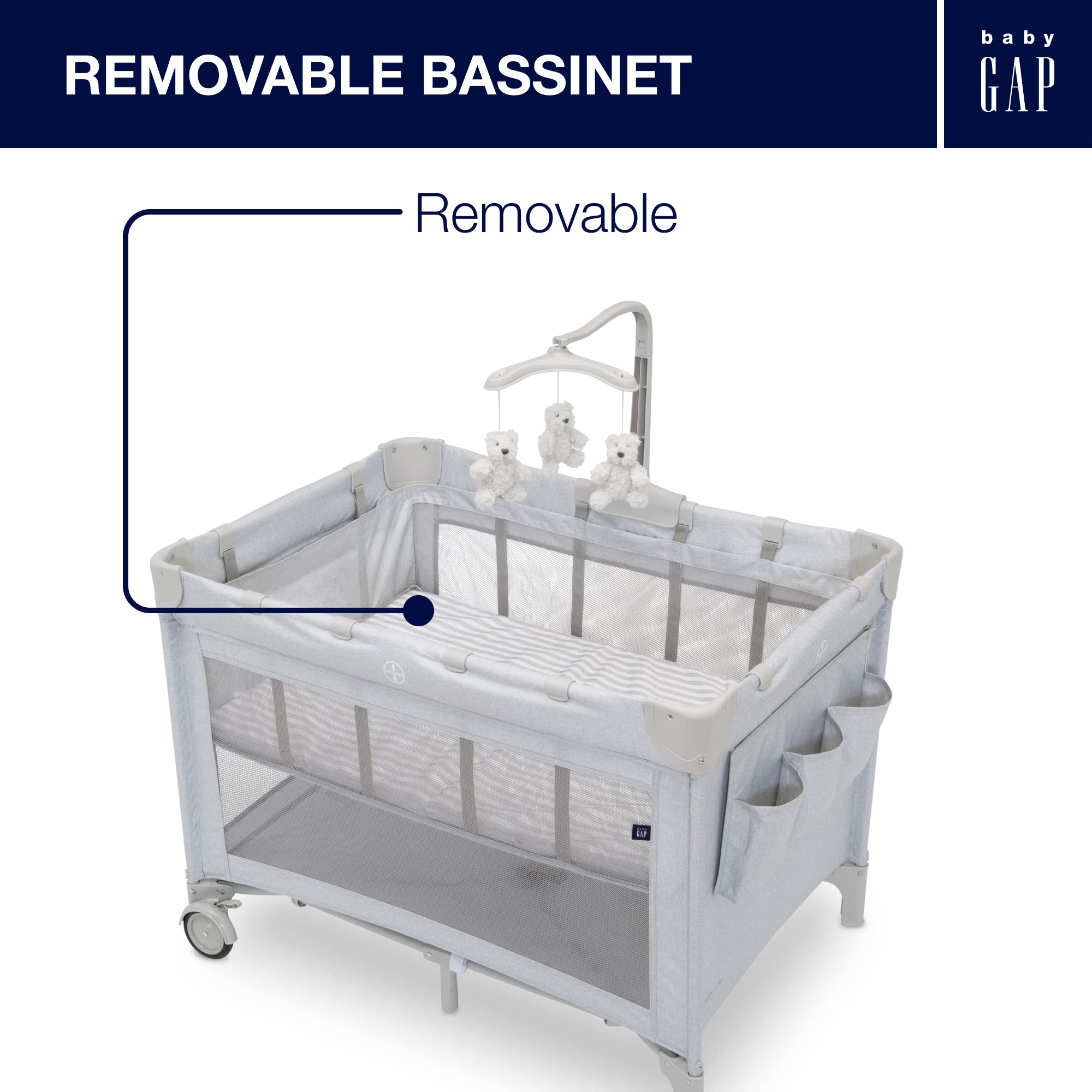 Delta Children Gap babyGap Whisper Bedside Bassinet Sleeper with Breathable Mesh & Adjustable Height - Gap babyGap Deluxe Play Yard in Grey Stripes - Perfect for Newborns, Nursery & Travel Use