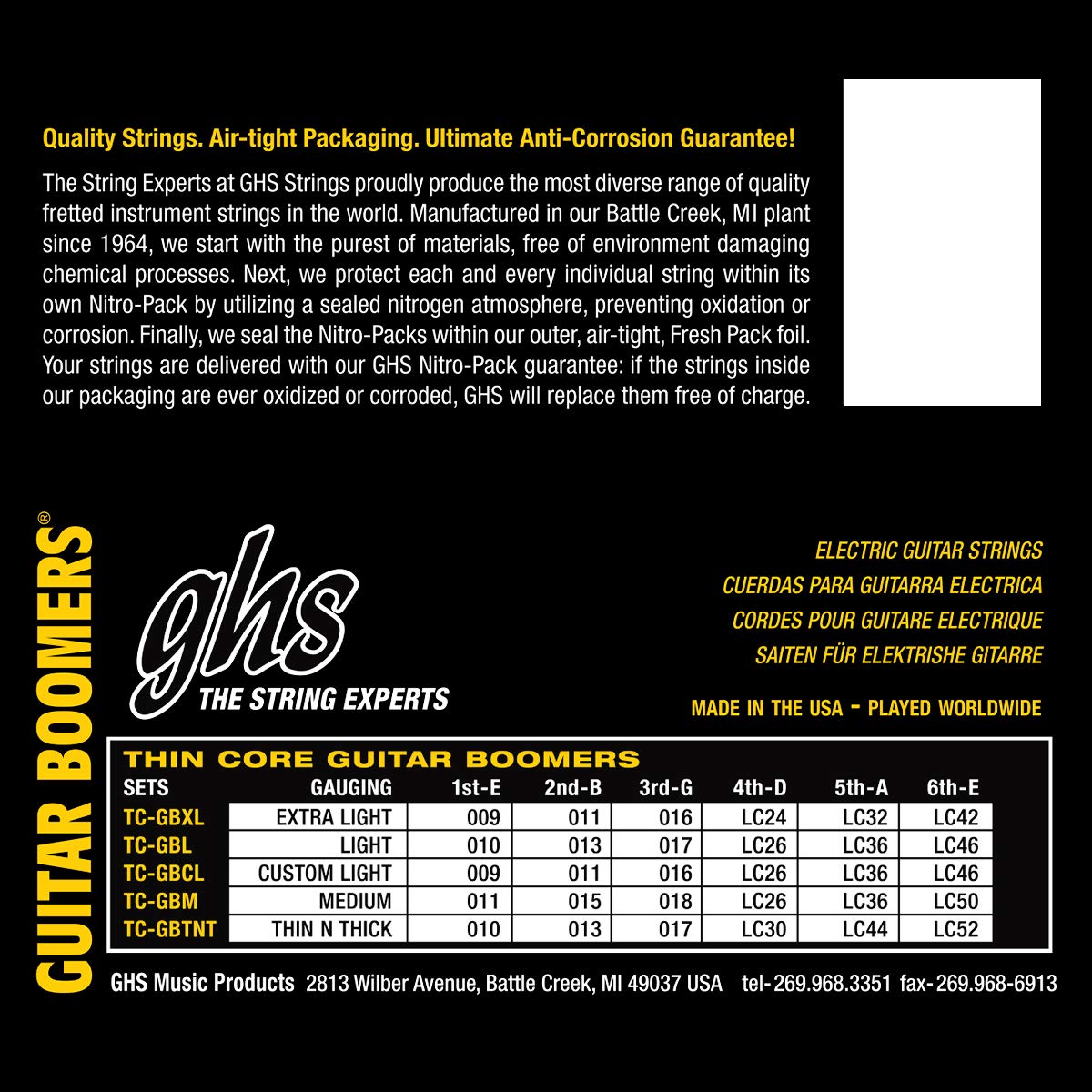 GHS Strings TC-GBL Thin Core Boomers Nickel-Plated Electric Guitar Strings (10-46 Light Gauge) - Perfect for Rock, Blues & Studio Recording
