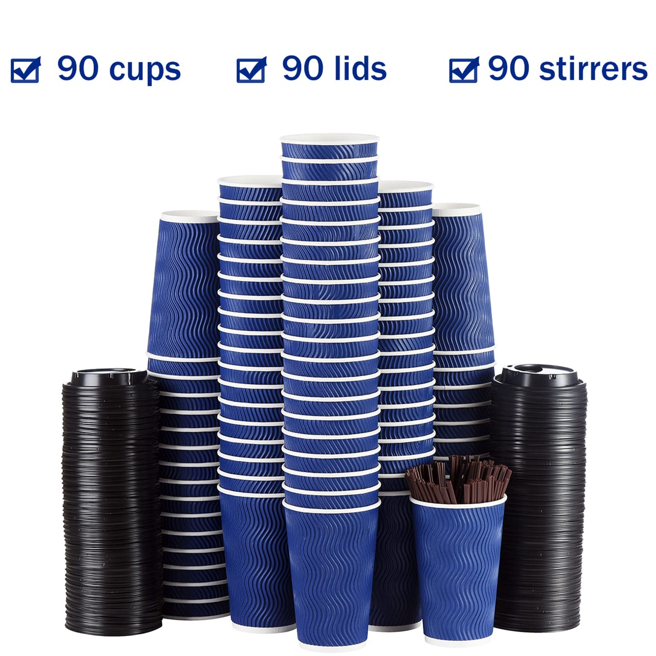 16 oz 90 Pack Disposable Coffee Cups with Lids & Straws - Insulated Hot/Cold Paper Cups for Espresso, Tea, Bubble Drinks - Reusable Ripple Design Protects Hands - Perfect for Coffee Shops, Office Breakrooms & Takeout Beverages