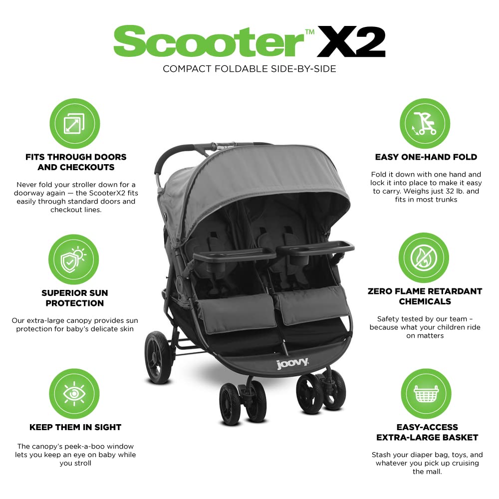 Joovy Scooter X2 Double Stroller - Side by Side Seats, One-Hand Fold, Adjustable Reclining Seats & Leg Rests, Dual Snack Trays, Storage Basket | Perfect for Twins, Siblings & Outdoor Adventures (Charcoal)