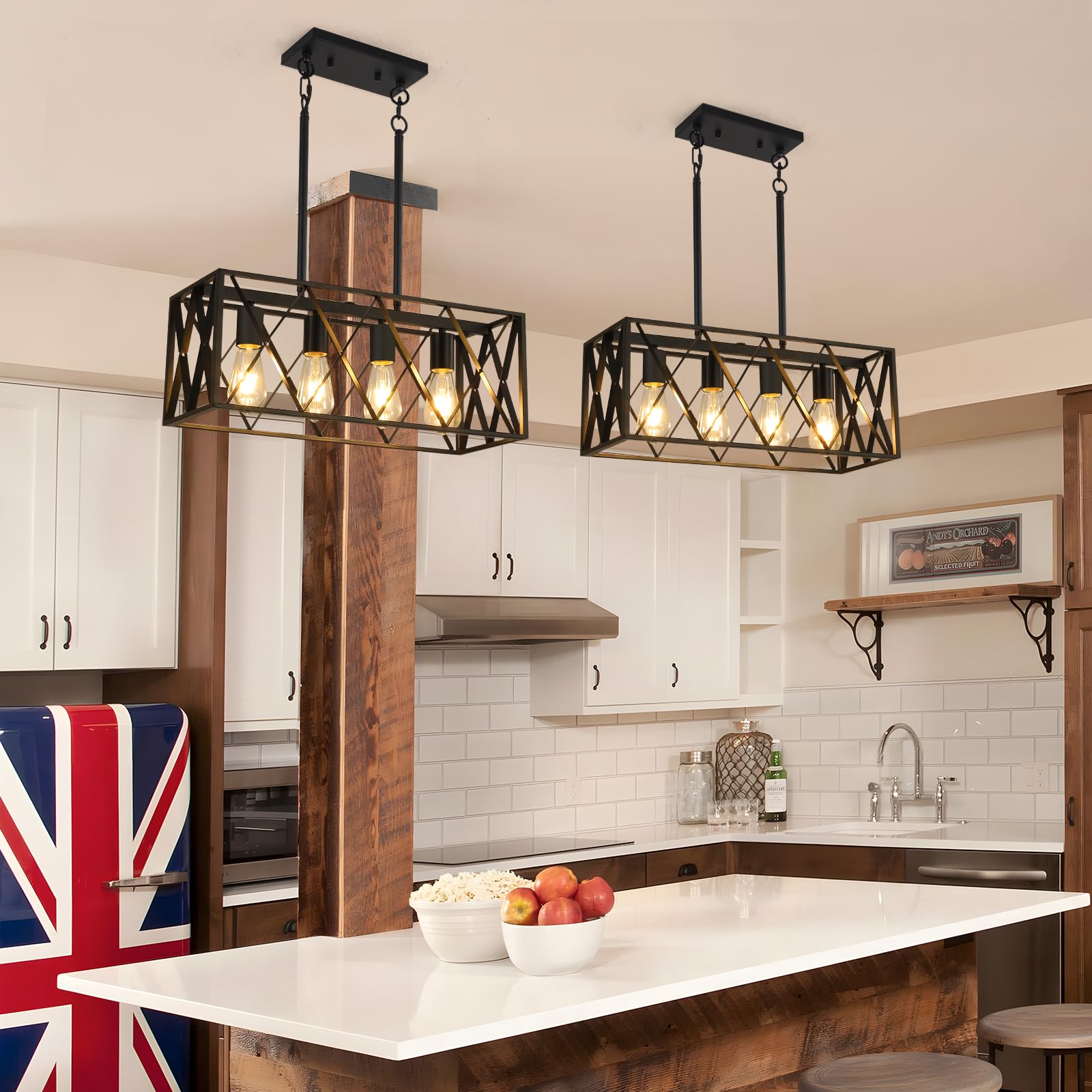 KEESFU Black Farmhouse Kitchen Island Pendant Light - Adjustable Height 4-Light Industrial Fixture for Dining Room, Living Room, Foyer & Over Sink | Perfect for Rustic Home Decor & Modern Farmhouse Style
