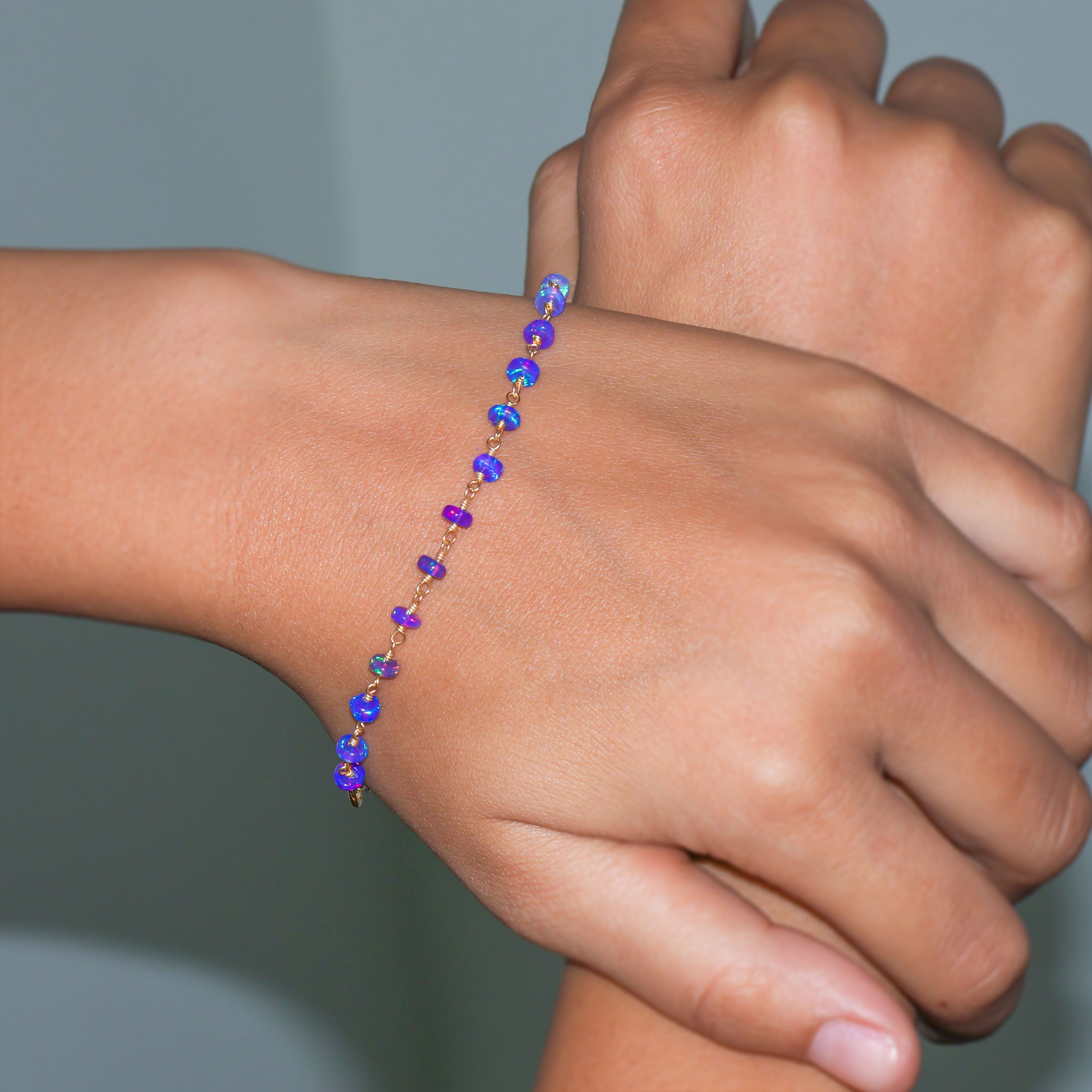 Natural Blue Opal Wire Wrap Beaded Bracelet - Gold Filled Adjustable Bangle for Women - Boho Chic Jewelry for Everyday Wear & Special Occasions