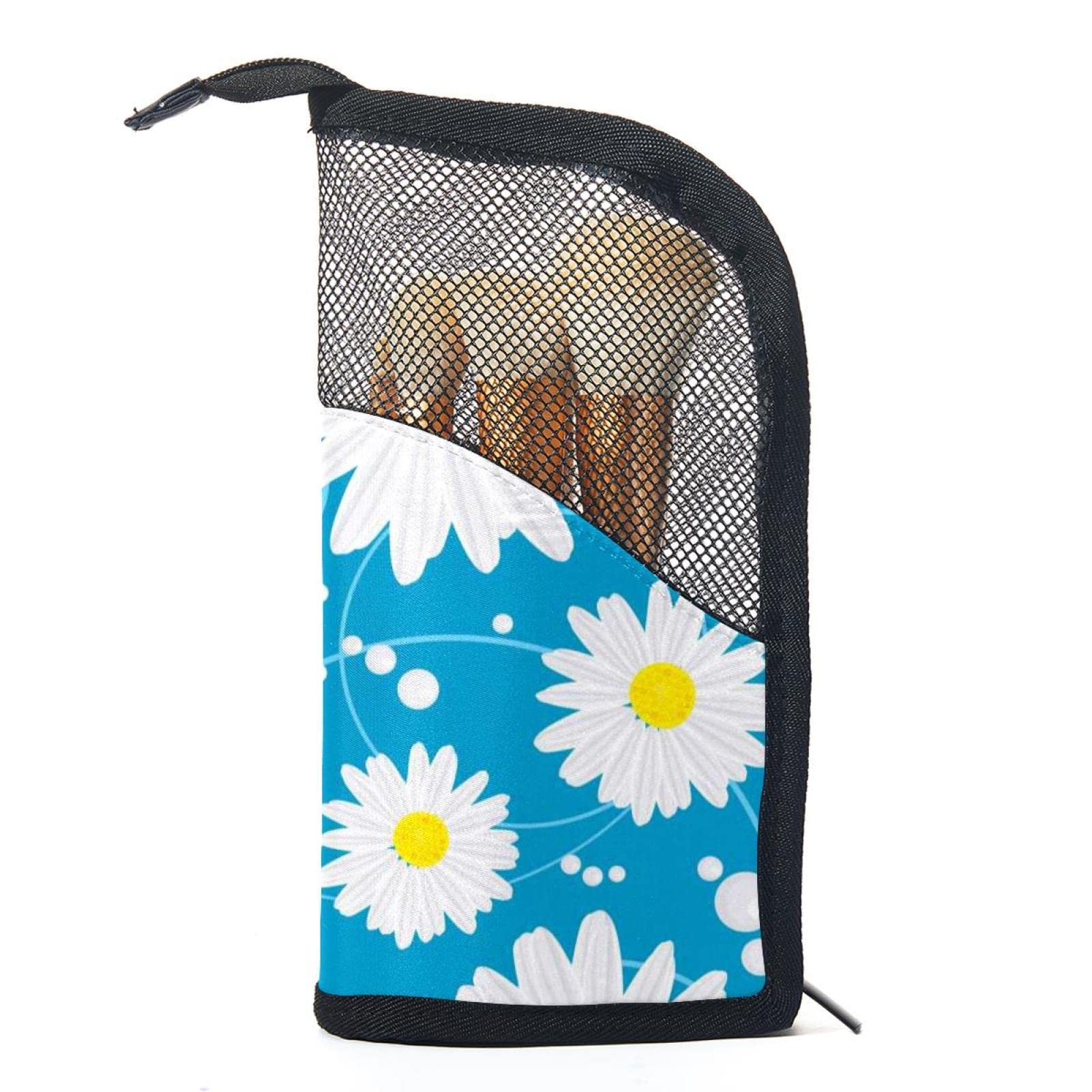 Floral Daisy Makeup Brush Organizer Bag with 12 Brushes - Portable Cosmetic Brush Holder Case for Travel & Home Vanity Storage