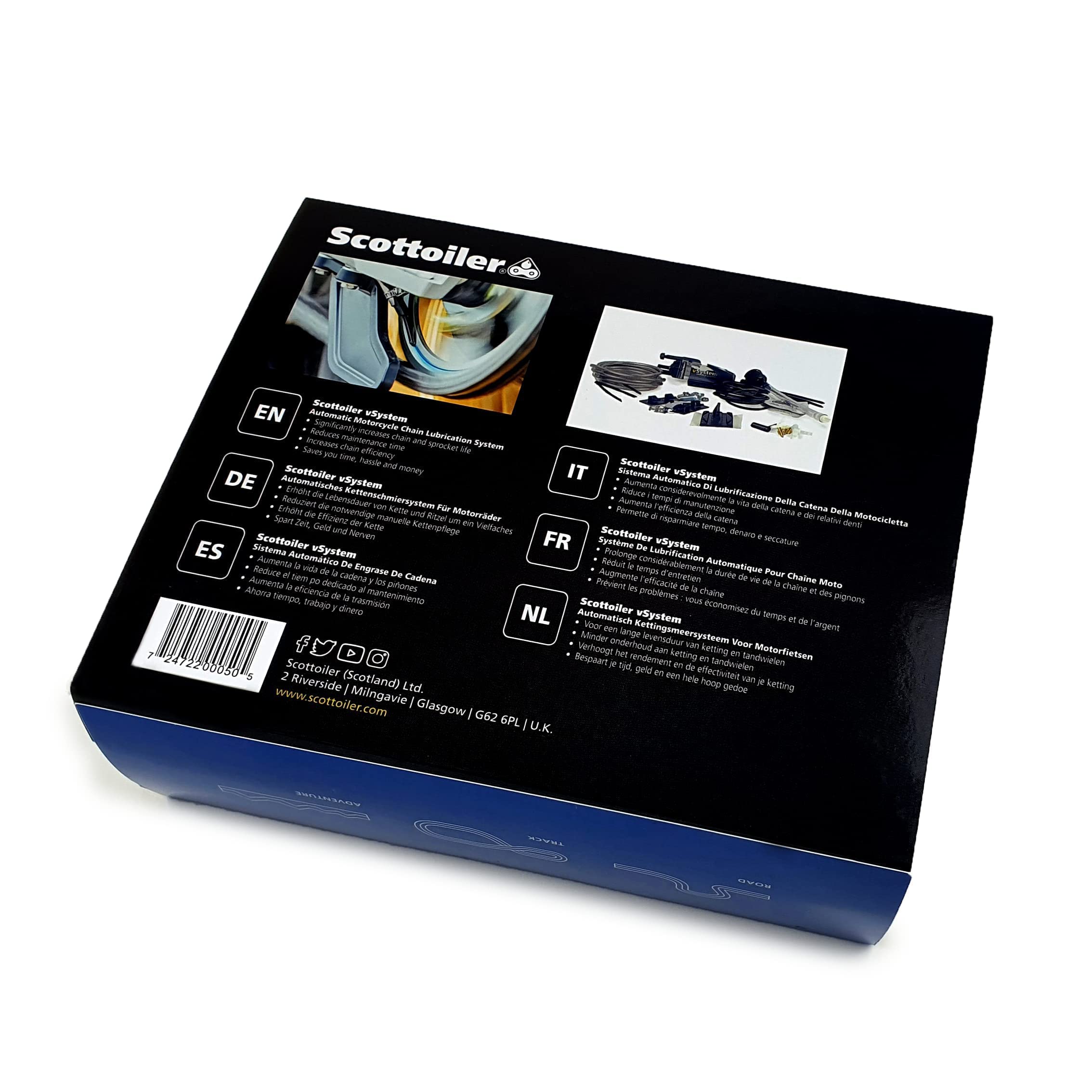 Scottoiler Essentials Micro-vSystem Automatic Motorcycle Chain Oiler Kit with Blue Scottoil Refill - Perfect for Long Rides & Off-Road Adventures