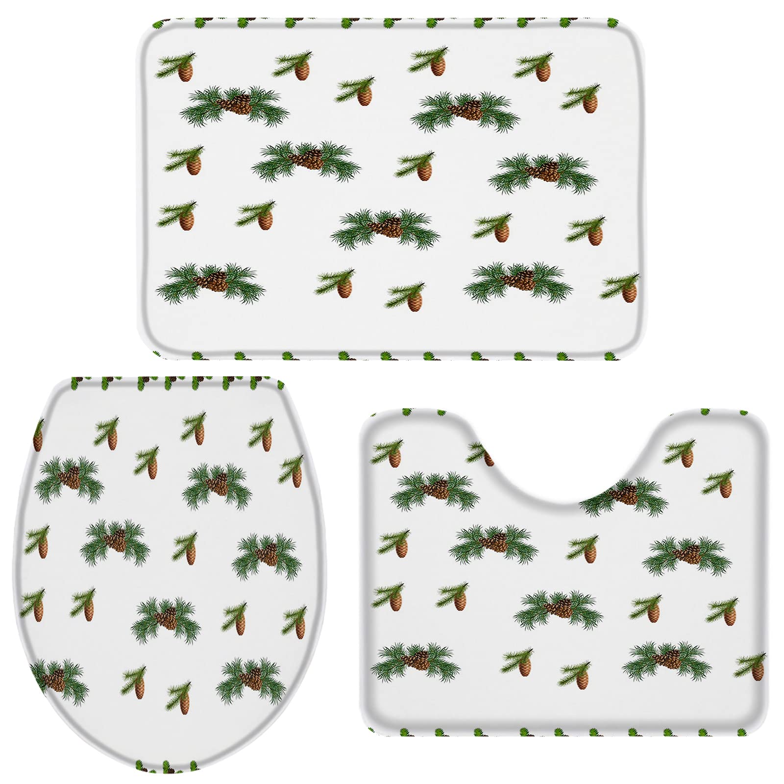 3-Piece Christmas Tree Bathroom Rug Set - Absorbent U-Shaped Toilet Mat & Lid Cover with Green Spruce Pinecone Design - Perfect for Holiday Home Decor, Small Bathrooms & Festive Gift Giving