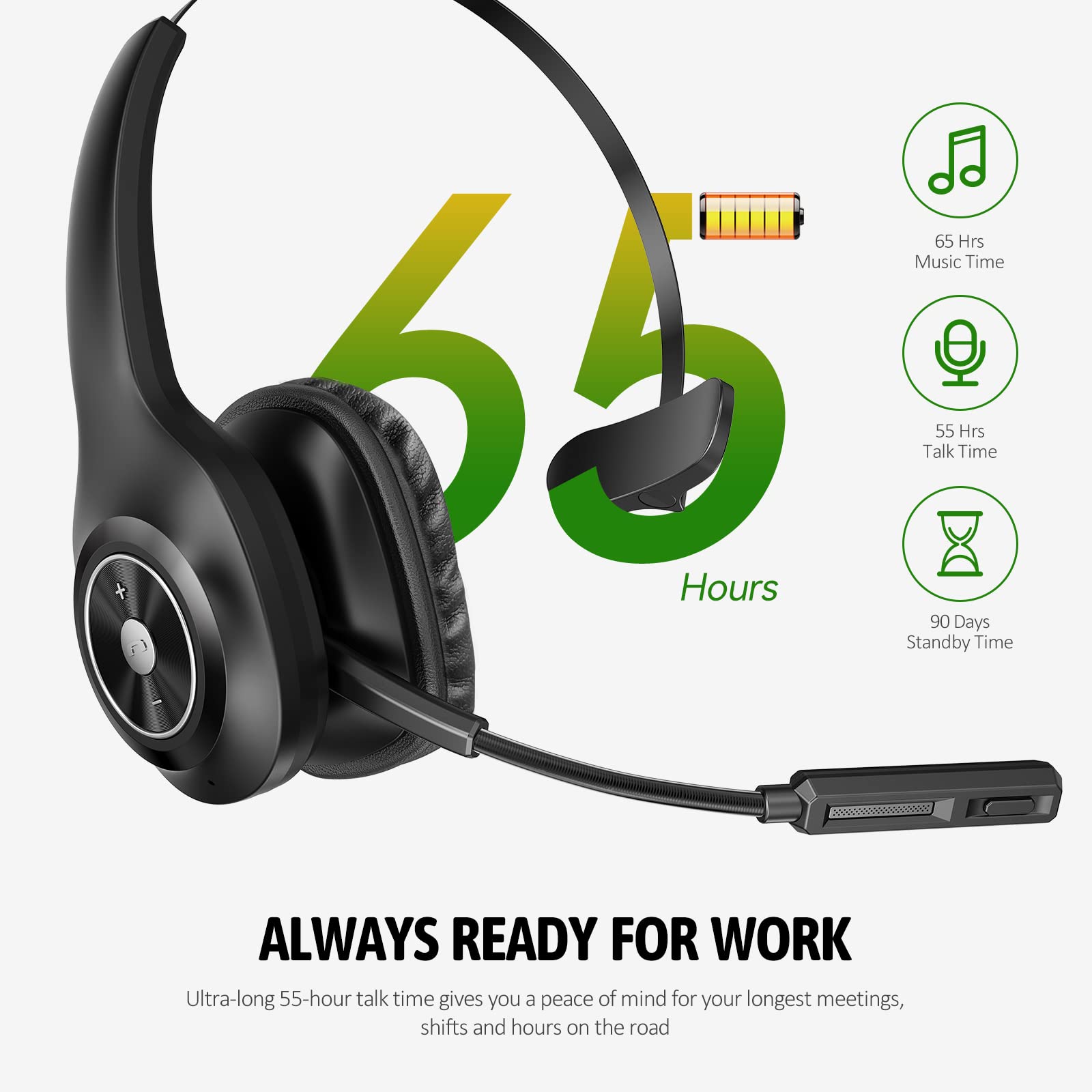 Trucker Bluetooth Headset with Noise Cancelling Mic - Wireless Headset for PC, Cell Phones & Truck Drivers - 55H Talk Time, Mute Button (Black) - Perfect for Long Hauls, Office Calls & Online Meetings