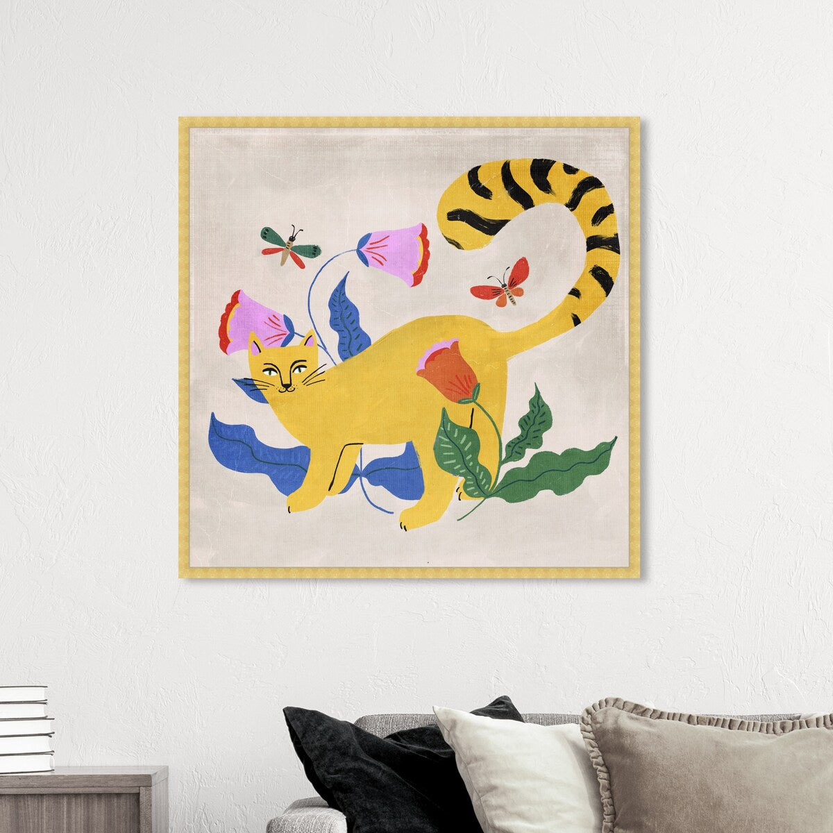 Blonde Tabby Floral Kitten Butterfly Garden Modern Yellow Framed Wall Art Print - Cute Cat Painting for Bedroom, Living Room & Nursery Decor