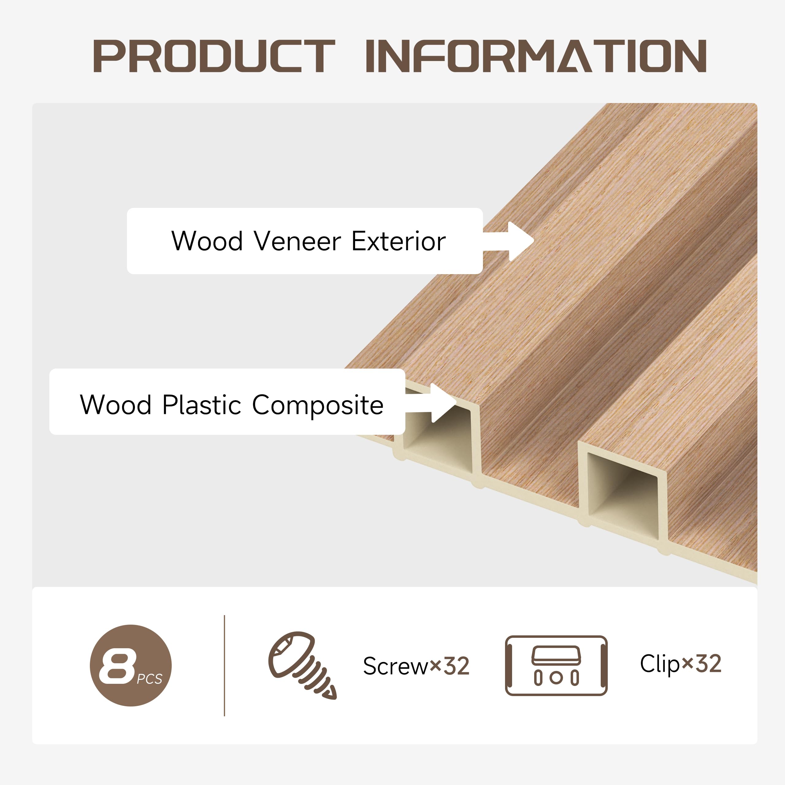 Premium WPC Slat Wall Panels - 8 Pack Modern Wood Slats for Walls & Ceilings | Acoustic Soundproof Panels | Interior Décor in Oak Finish (95