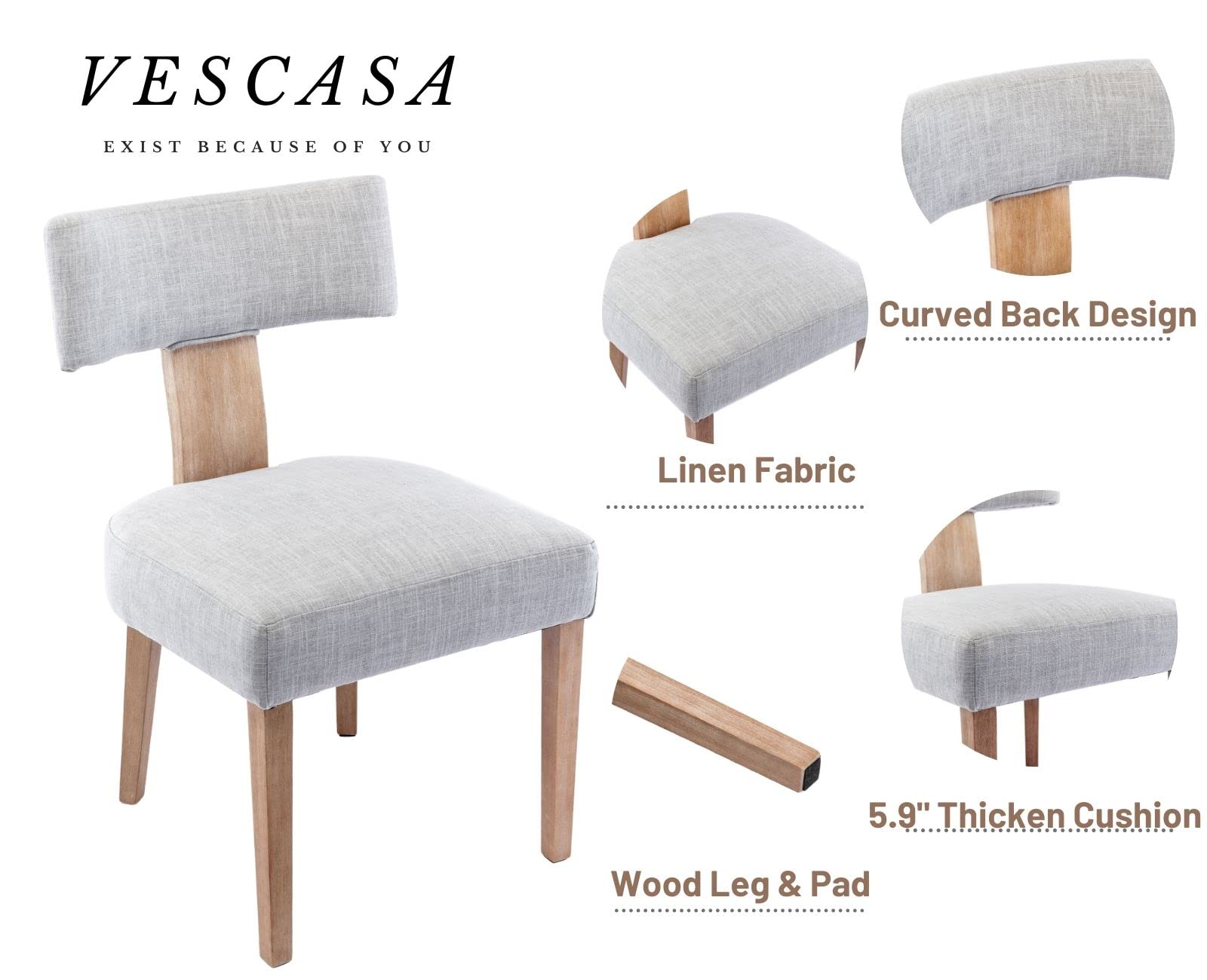 VESCASA Mid-Century Modern Farmhouse Dining Chairs Set of 2 - Upholstered Linen Padded Seats with Curved Open Back & Solid Wood Legs - Light Grey - Perfect for Dining Room, Kitchen, Breakfast Nook & Farmhouse Decor