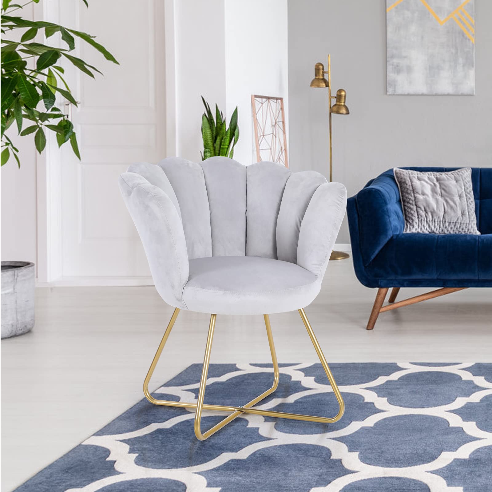 Sophia & William Velvet Accent Chair - Modern Upholstered Mid-Back Leisure Chair with Gold Metal Legs for Living Room, Bedroom, Vanity or Reception Area - Soft Grey Makeup Chair for Home Decor