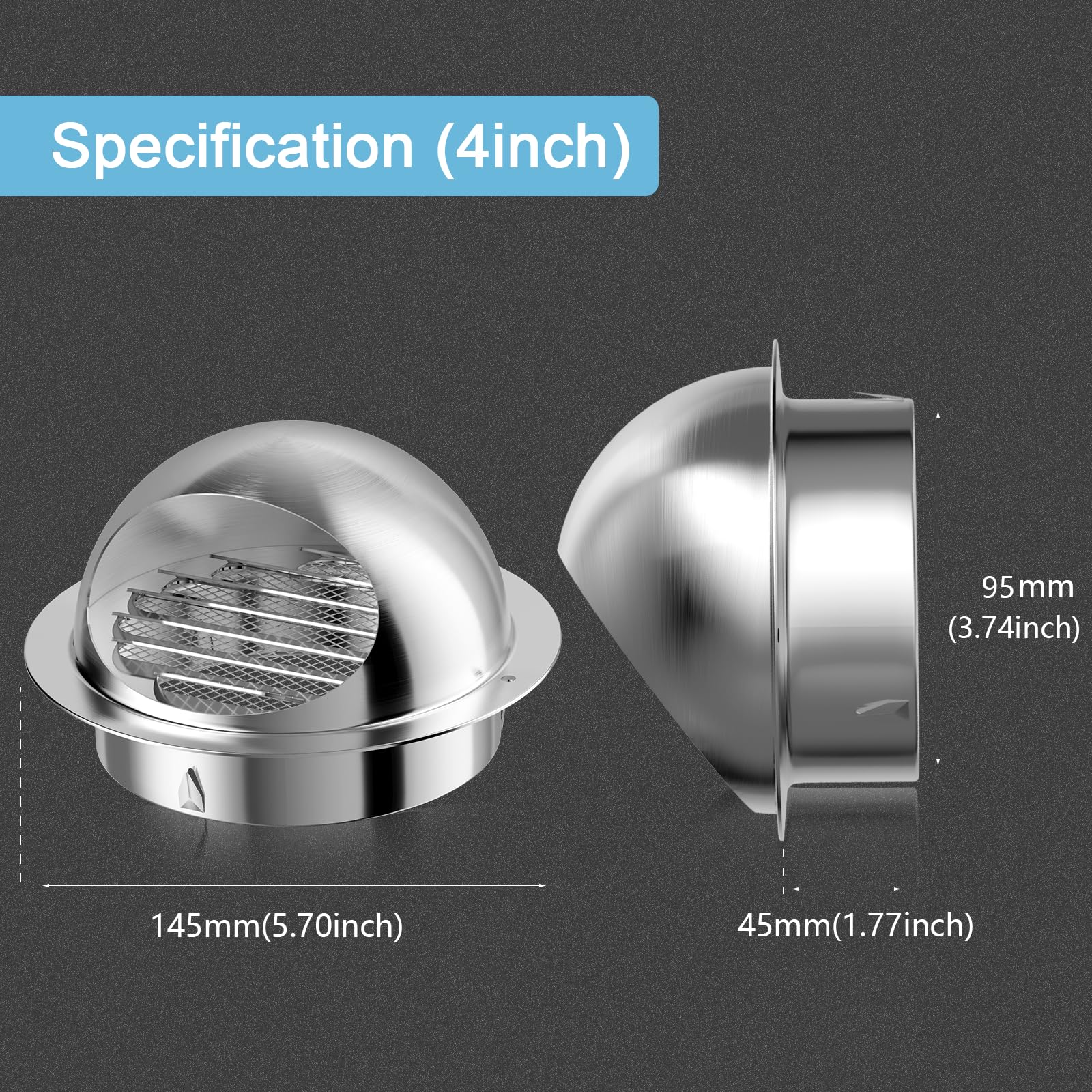 Hon&Guan 4 Inch Stainless Steel Dryer Vent Cover - 304 Stainless Steel Exhaust Vent Hood for HVAC System with Free Gloves - Perfect for Home Laundry Room & Outdoor Ventilation Protection