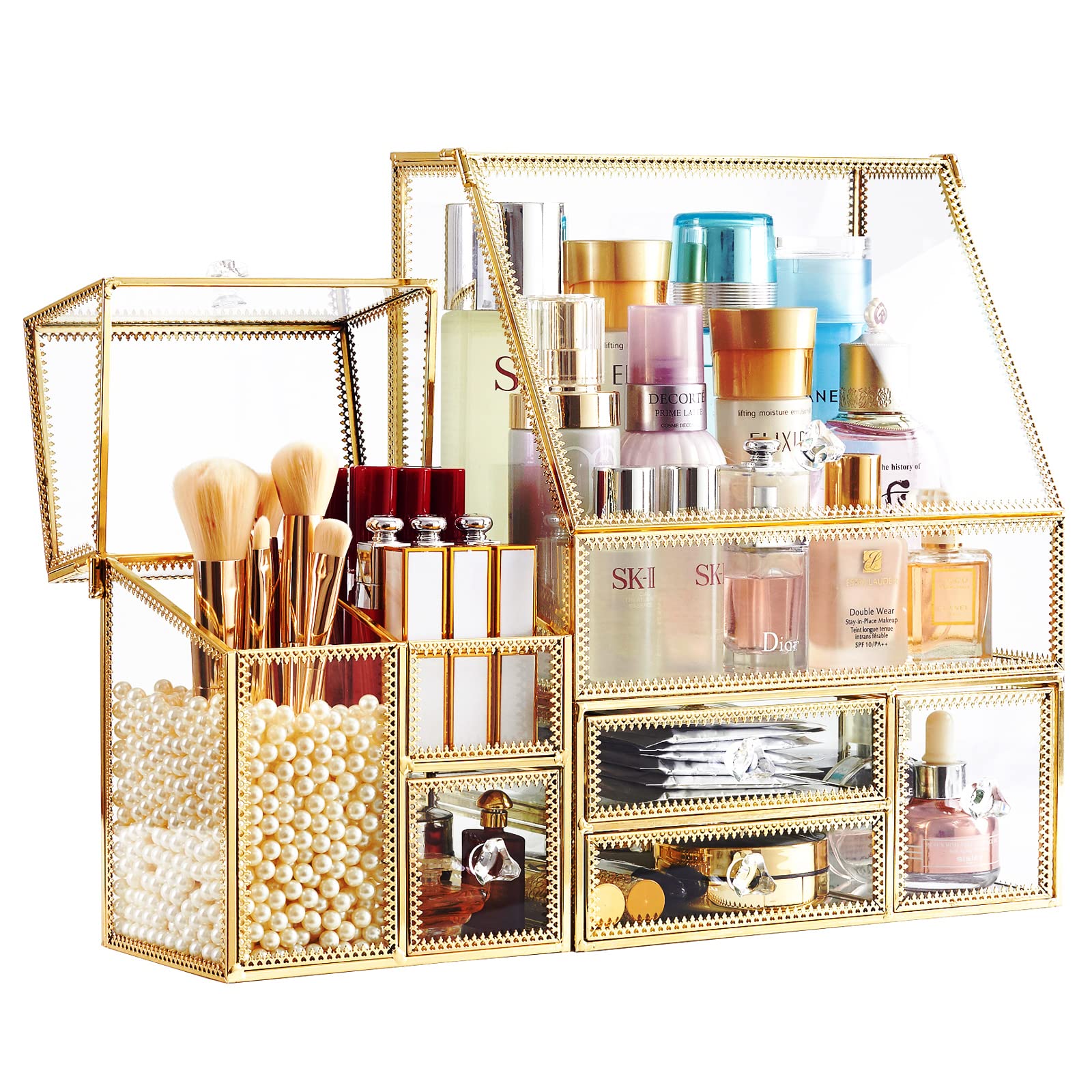 Stackable 3-Piece Glass Drawer Set - Antique Vanity Makeup Organizer with Mirror for Brushes, Lipsticks & Skincare | Countertop Cosmetic Storage Box | Beauty Display Holder for Toner & More | Free Pearl (Gold) - Perfect for Bedroom, Bathroom & Dressing Table Organization