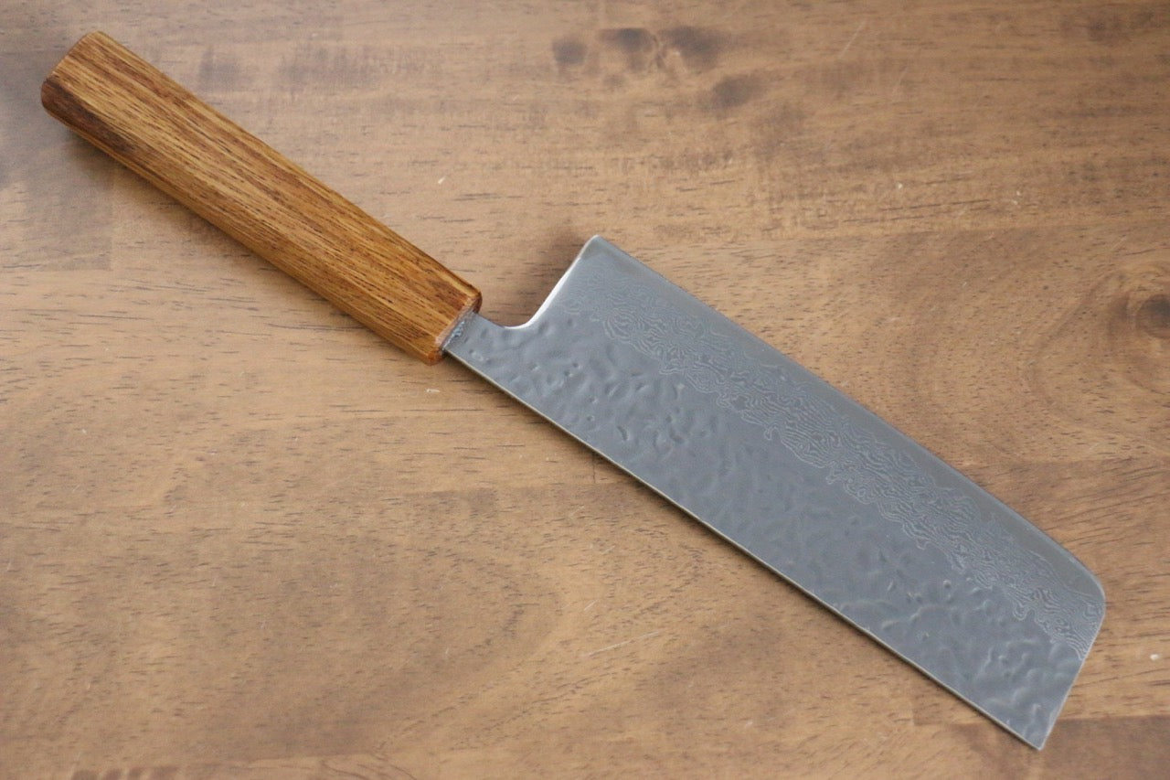 Premium AUS10 Hammered Damascus Nakiri Knife 170mm - Japanese Oak Handle - Professional Chef's Knife for Slicing Vegetables & Herbs - Perfect for Home Cooks & Culinary Enthusiasts