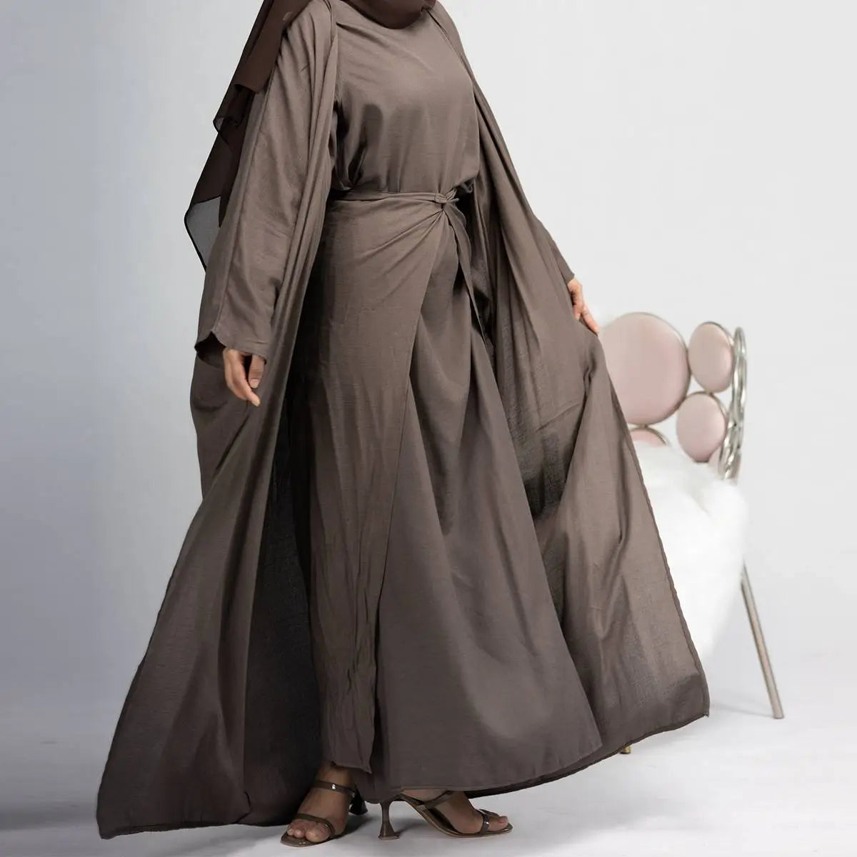 4 Piece Muslim Open Abaya Dress Set with Scarf - Modest Islamic Prayer Outfit for Women, Elegant Loose Flowing Abaya with Mid Wrap & Inner Dress - Perfect for Mosque, Eid, Ramadan & Special Occasions