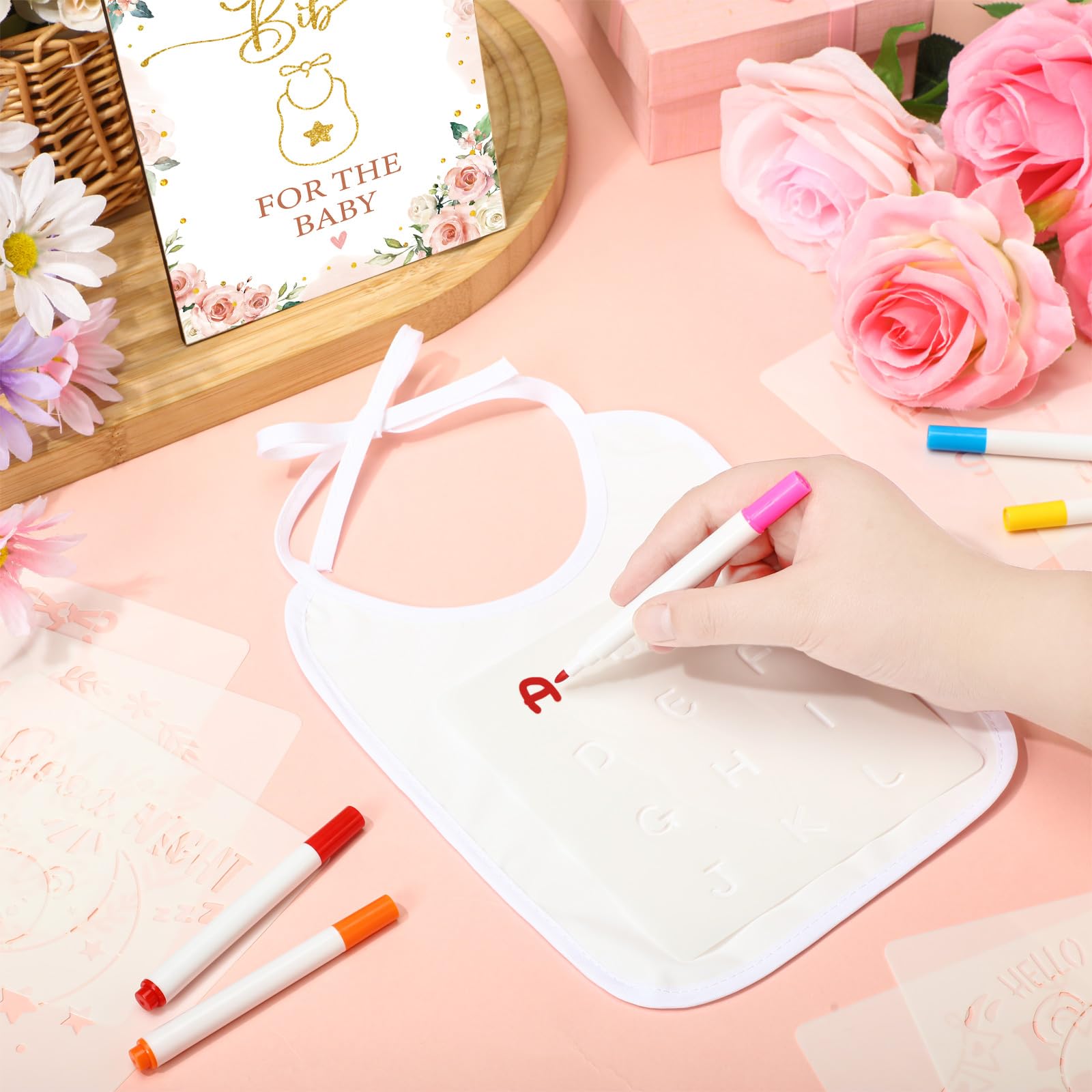 Panitay 100 Pcs DIY Baby Bibs Decorating Kit - 50 White Bibs, 25 Stencils, 24 Fabric Markers & Baby Shower Game Sign (Flower Design) for Creative Baby Shower Activities & Personalized Gift Making