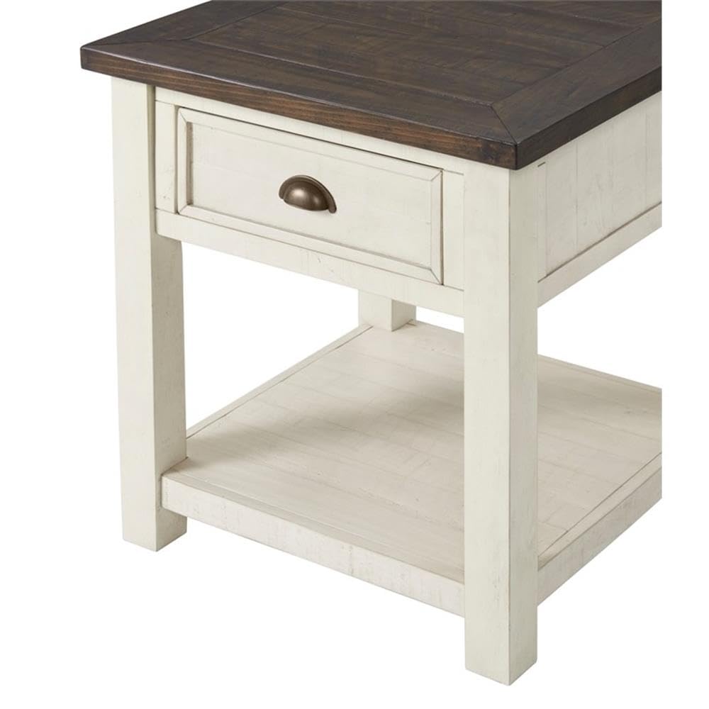 BOWERY HILL Farmhouse Wood 1 Drawer End Table - Cream White & Brown - Rustic Nightstand for Bedroom, Living Room, or Entryway
