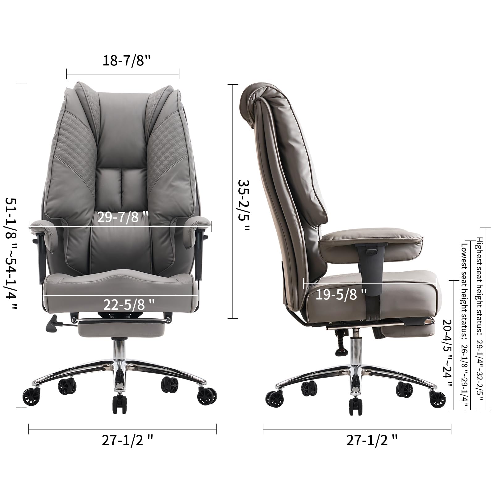 Big and Tall Office Chair for Heavy People 400lbs - Wide Seat Leather Executive Chair with High Back, Footrest & Lumbar Support - Ergonomic Computer Desk Chair for Back Pain Relief - Perfect for Home Office, Gaming & Workspace (Grey)