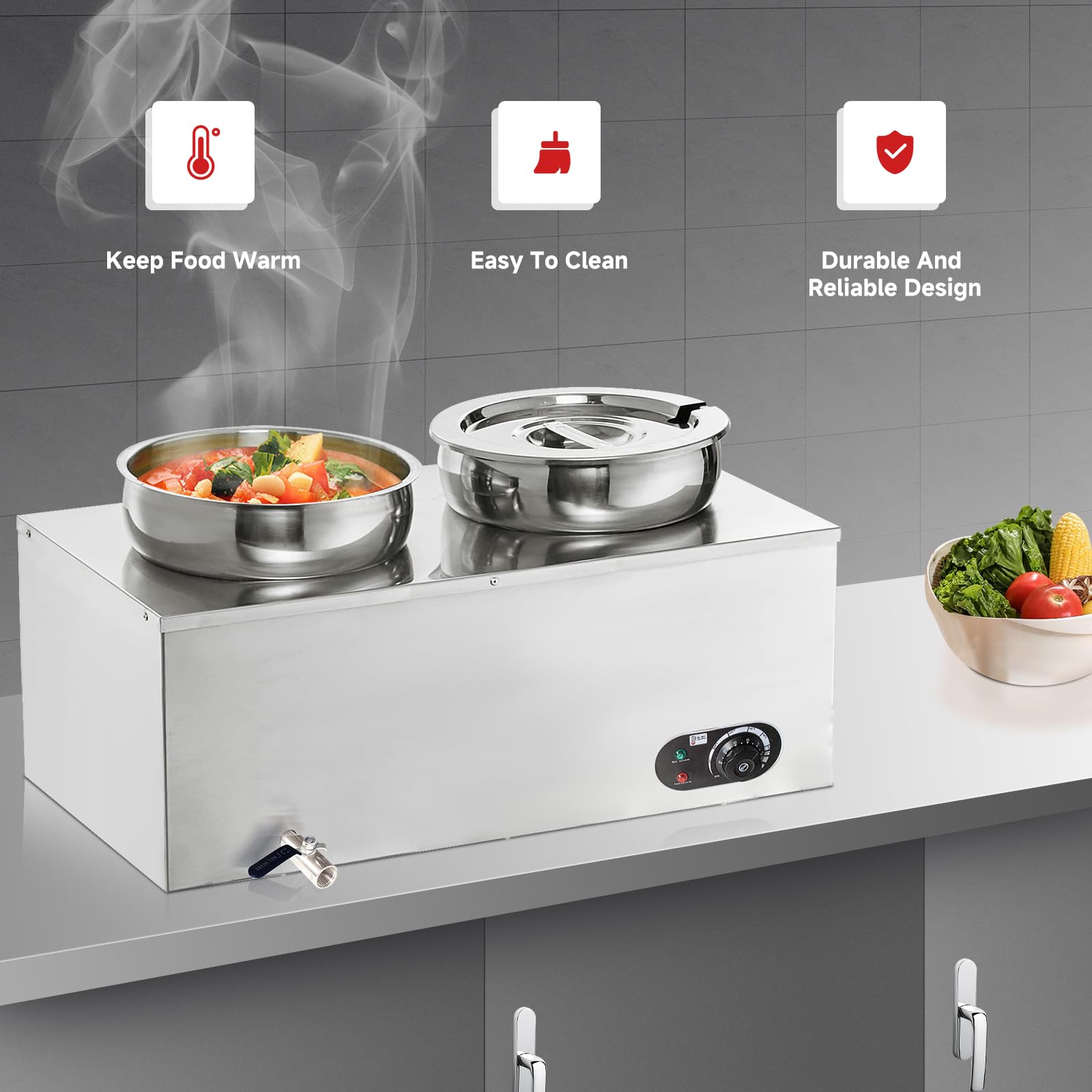GARVEE 2X7.4QT Commercial Electric Soup Warmer - 1200W Stainless Steel Bain Marie Food Warmer with 2 Round Pots (86-185°F) for Restaurants, Catering, Buffets & Home Kitchen Use