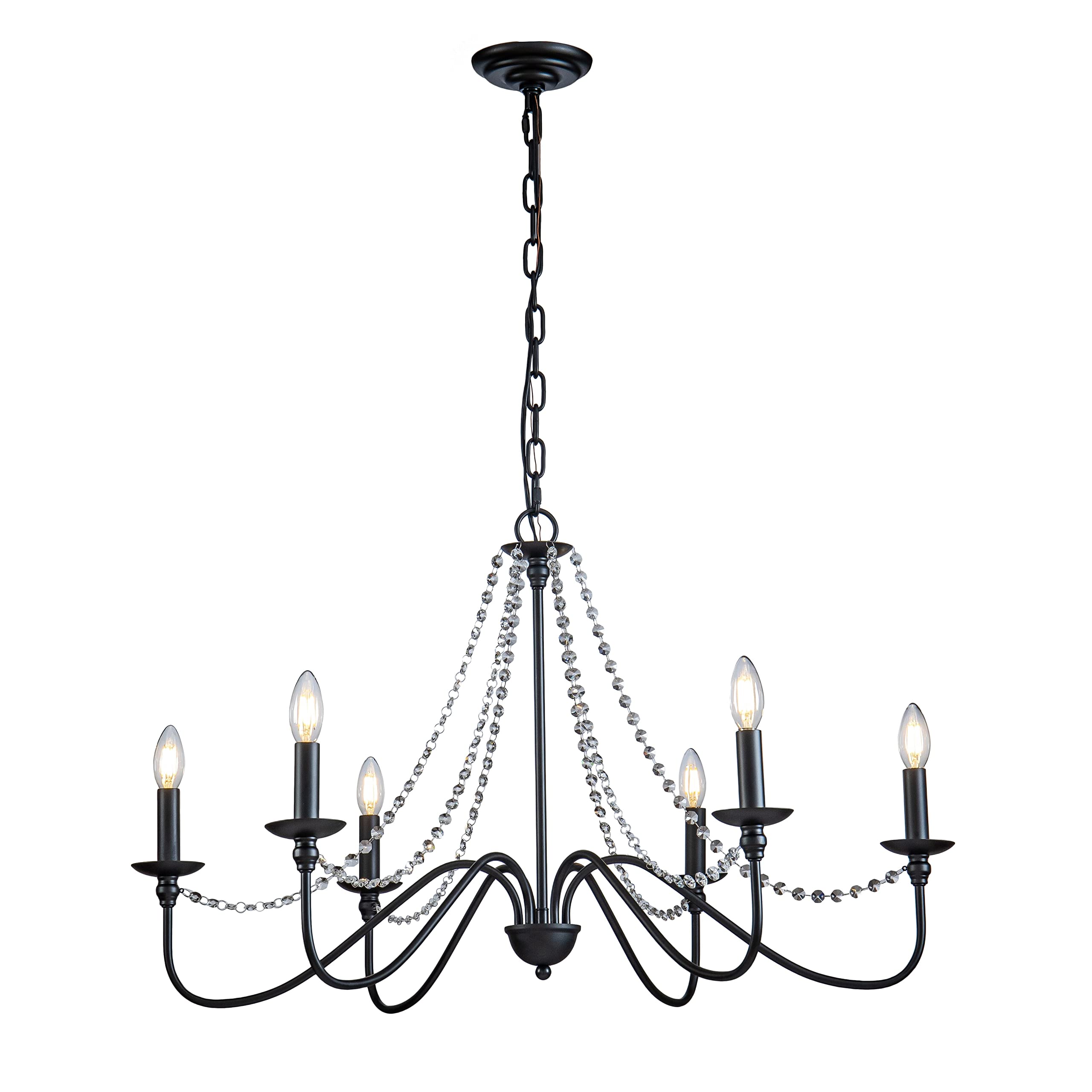 6-Lights Farmhouse Candlestick Chandelier - 35 Inch Black Ceiling Light Fixture with Crystal Beads, Dimmable Iron Chandelier for Dining Room, Living Room, Bedroom, Foyer, and Farmhouse Decor
