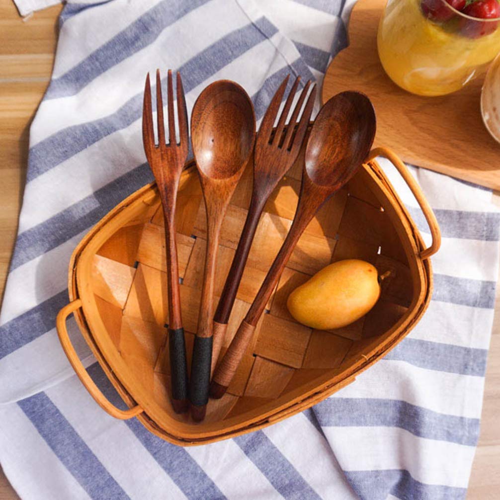 Japanese Wooden Handle Fork and Spoon Set - Eco-Friendly Bamboo Flatware for Everyday Dining, Picnics, Camping & Travel - Portable Wooden Cutlery for Home, Office & Outdoor Use