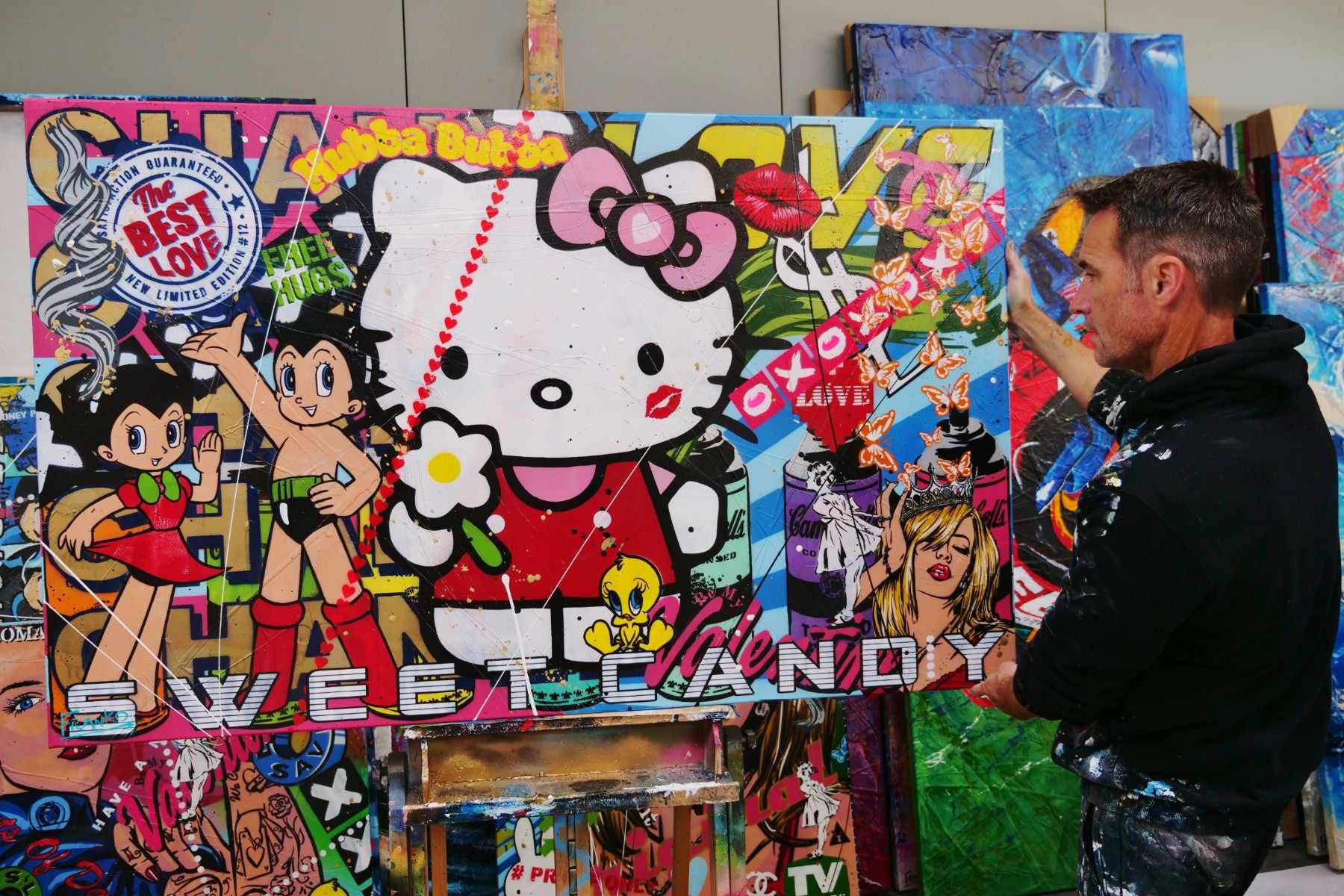 Hello Kitty Textured Urban Pop Art Painting - 160cm x 100cm Large Wall Decor for Bedroom, Living Room & Office | Kitty Candy Inspired Canvas Art