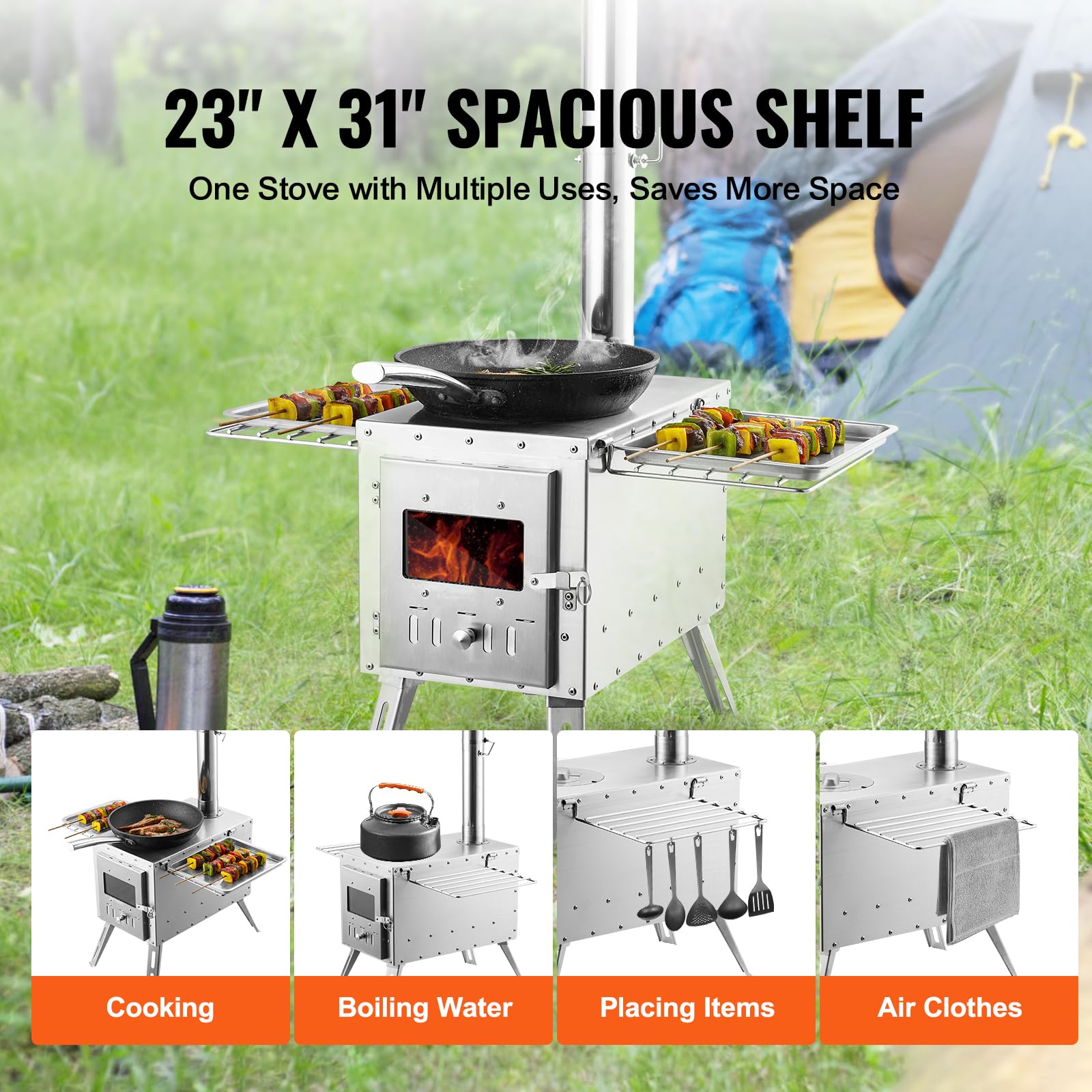 VEVOR Portable Stainless Steel Wood Burning Stove for Camping - 1646in³ Firebox with Chimney Pipes & Heat Resistant Gloves - Outdoor Tent Stove for Cooking, Heating, Survival & Bushcraft - Perfect for Hot Tents, Cabins, Hunting Trips & Emergency Preparedness