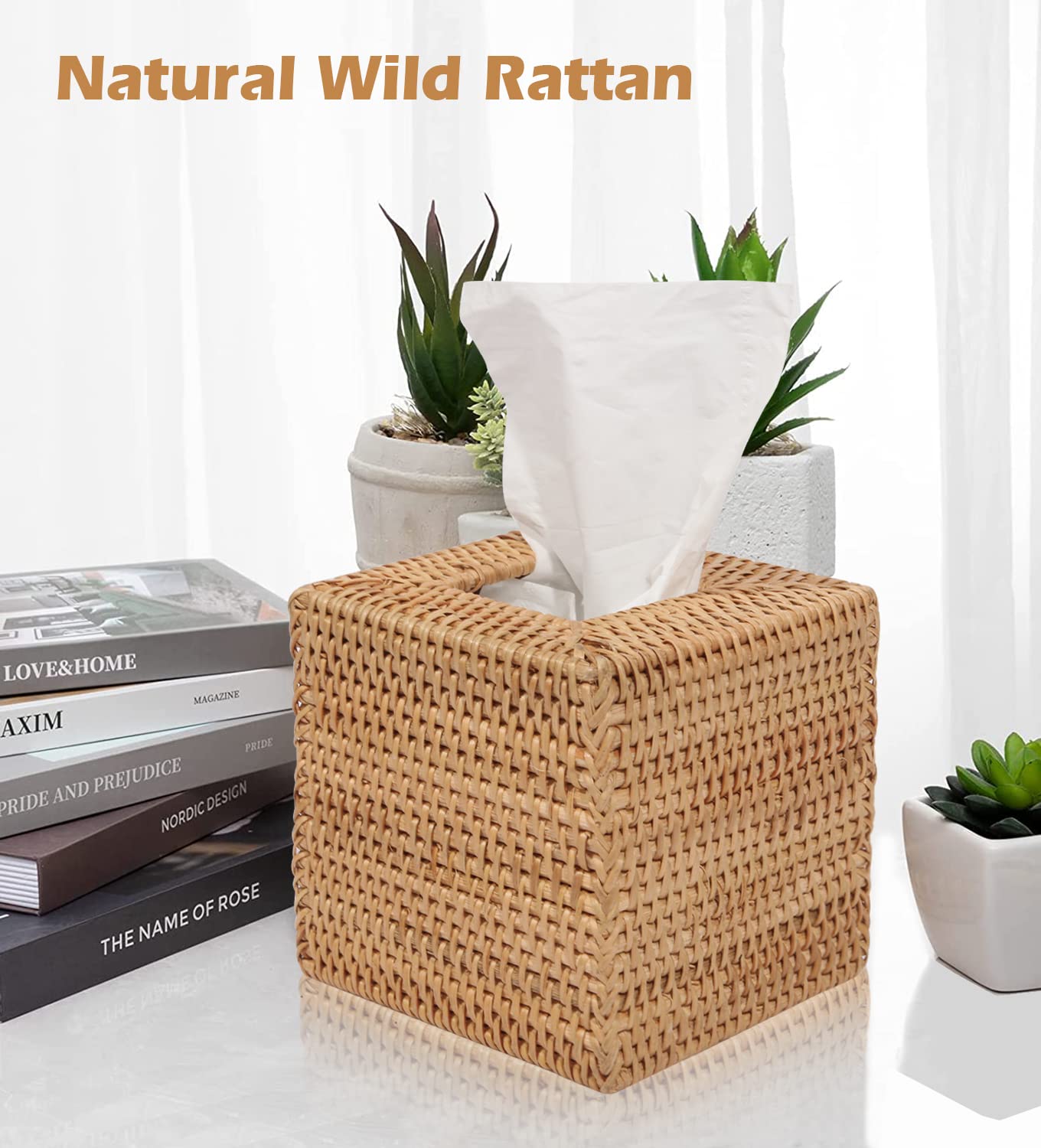 Livelab Square Rattan Tissue Box Cover - Hand Woven Natural Wicker Tissue Holder, Decorative Napkin Organizer for Home & Office | Bathroom, Living Room, Bedroom Decor