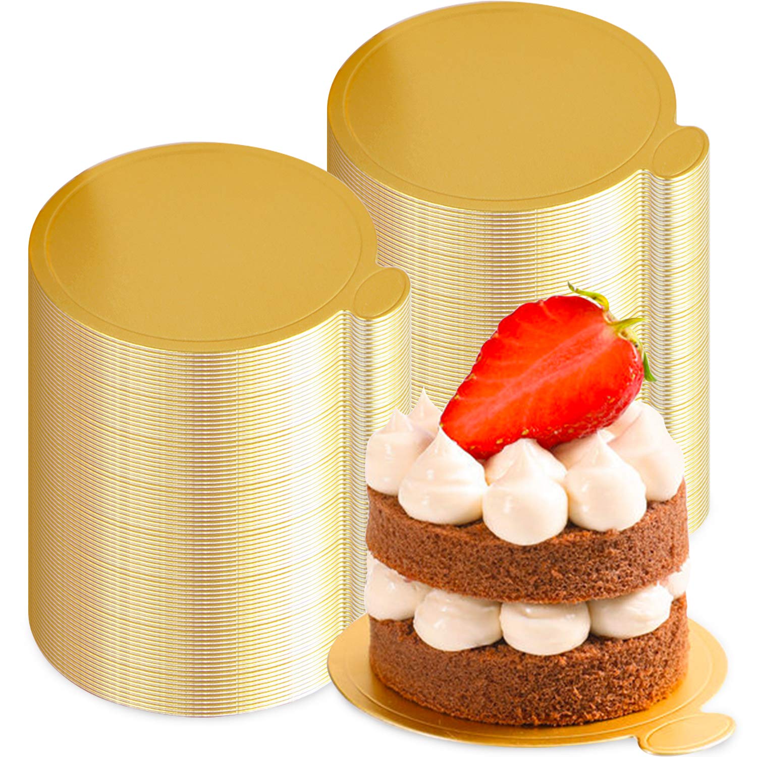 200 Pcs Mini Cake Boards - Round Golden Mousse Cake Bases, Cupcake Dessert Displays, Grease Proof Cardboard Pastry Trays for Wedding, Birthday Party & Bakery Decorations